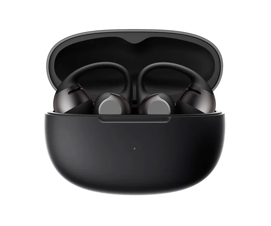 Auriculares inalámbricos negros dentro de un estuche de carga abierto.
