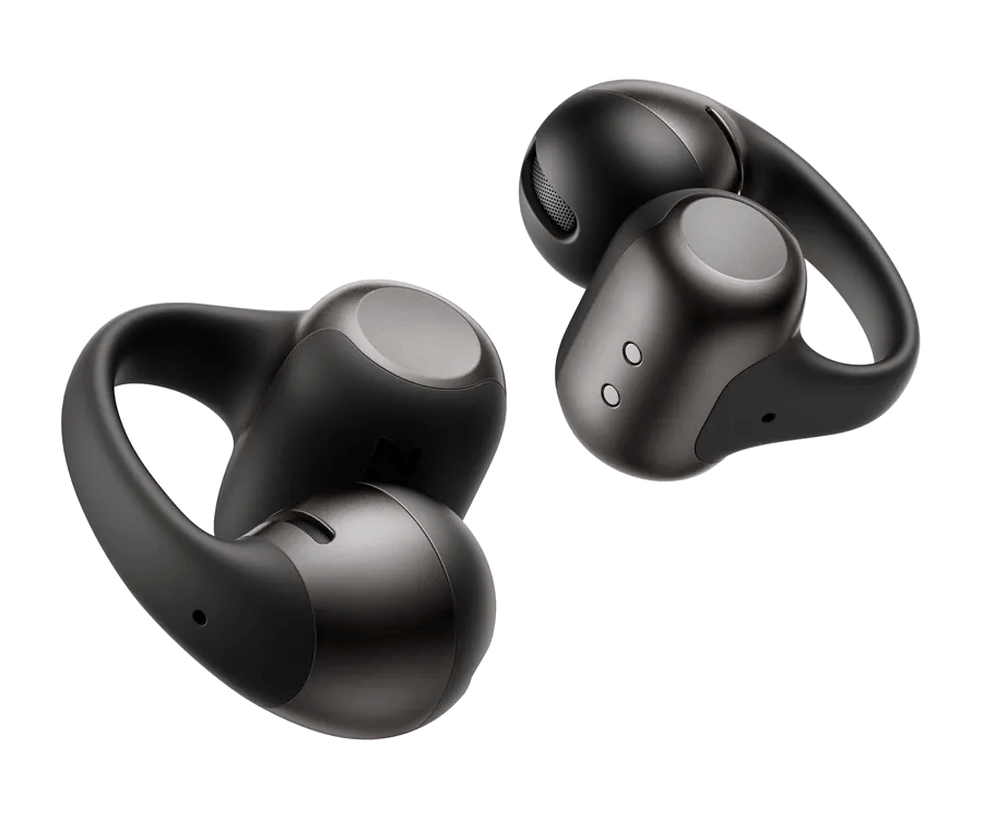 Dos auriculares inalámbricos negros con gancho se muestran sobre fondo negro.