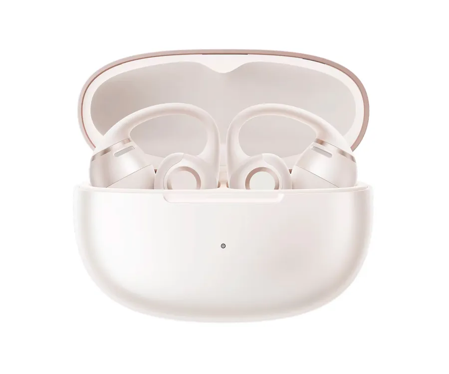 Auriculares blancos con gancho en un estuche de carga abierto sobre fondo blanco.