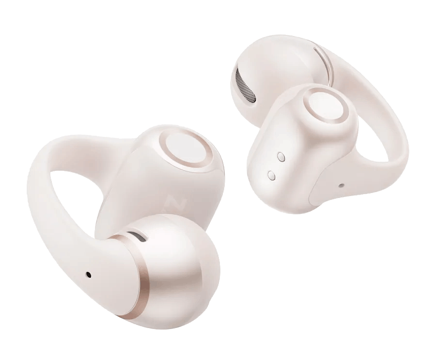 Dos auriculares inalámbricos blancos con detalles en oro rosa sobre fondo negro.