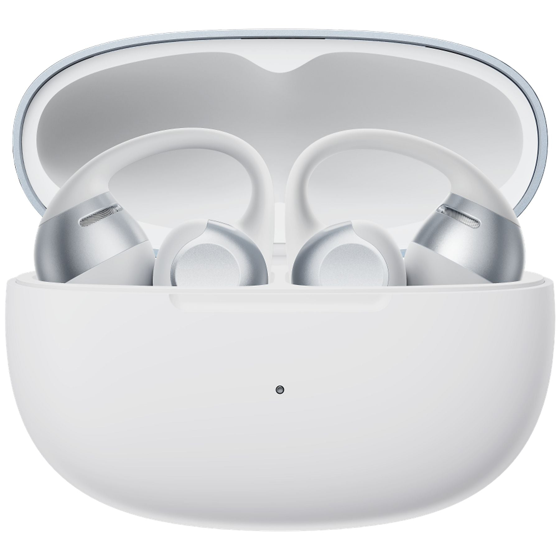 Auriculares blancos con detalles plateados en un estuche de carga abierto.