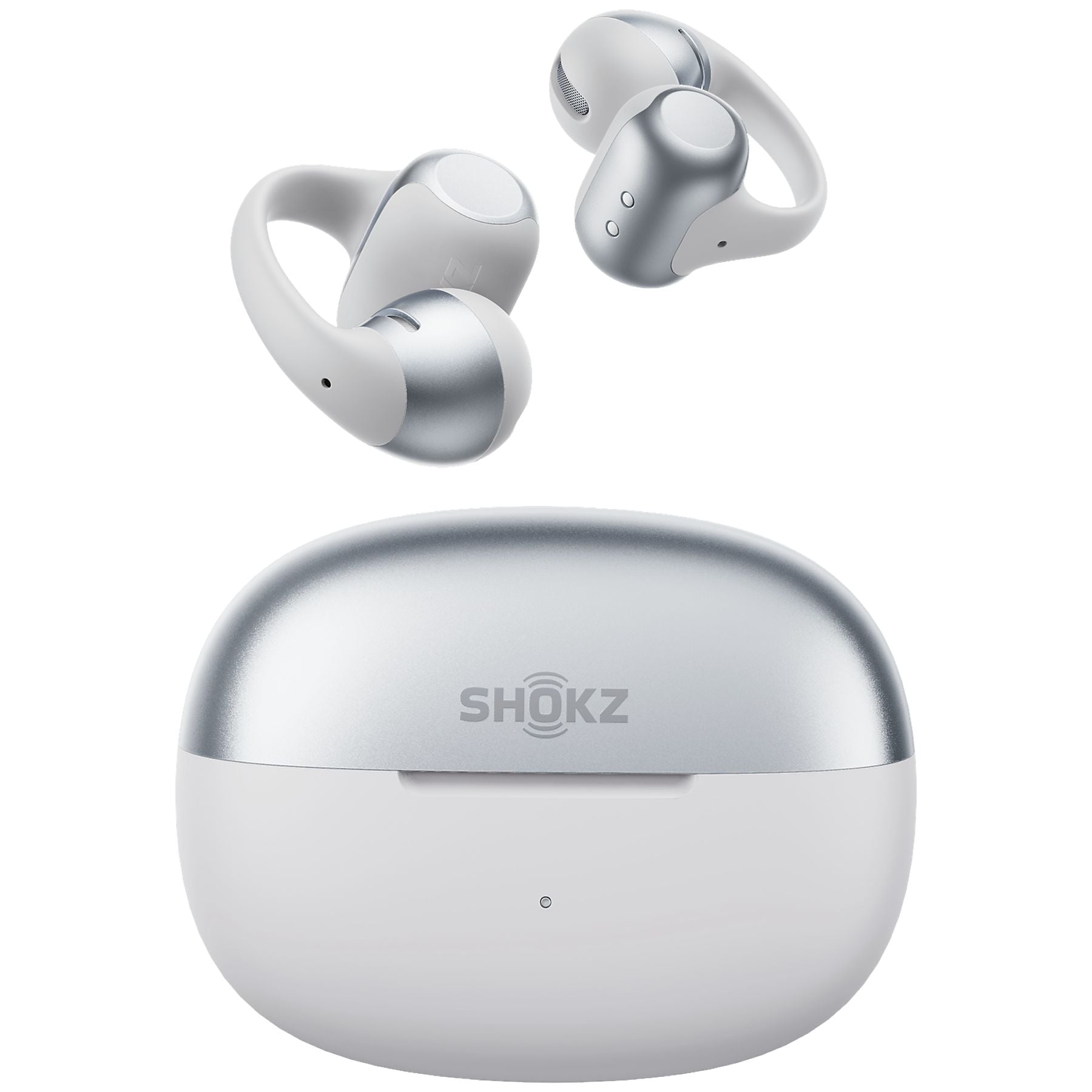 Auriculares inalámbricos blancos y plateados con estuche de carga. Logo SHOKZ en el estuche.