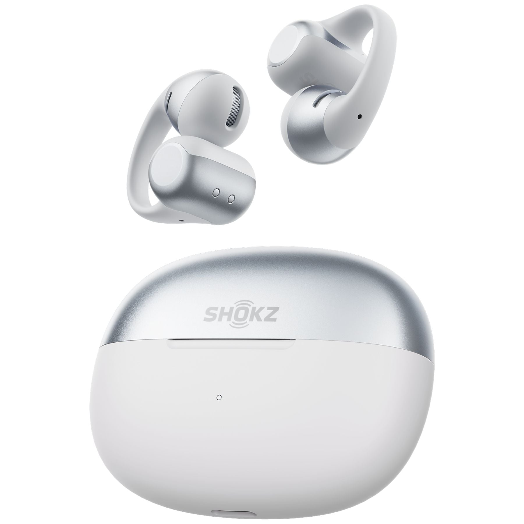 Auriculares y estuche de carga SHOKZ blancos y plateados sobre fondo blanco.