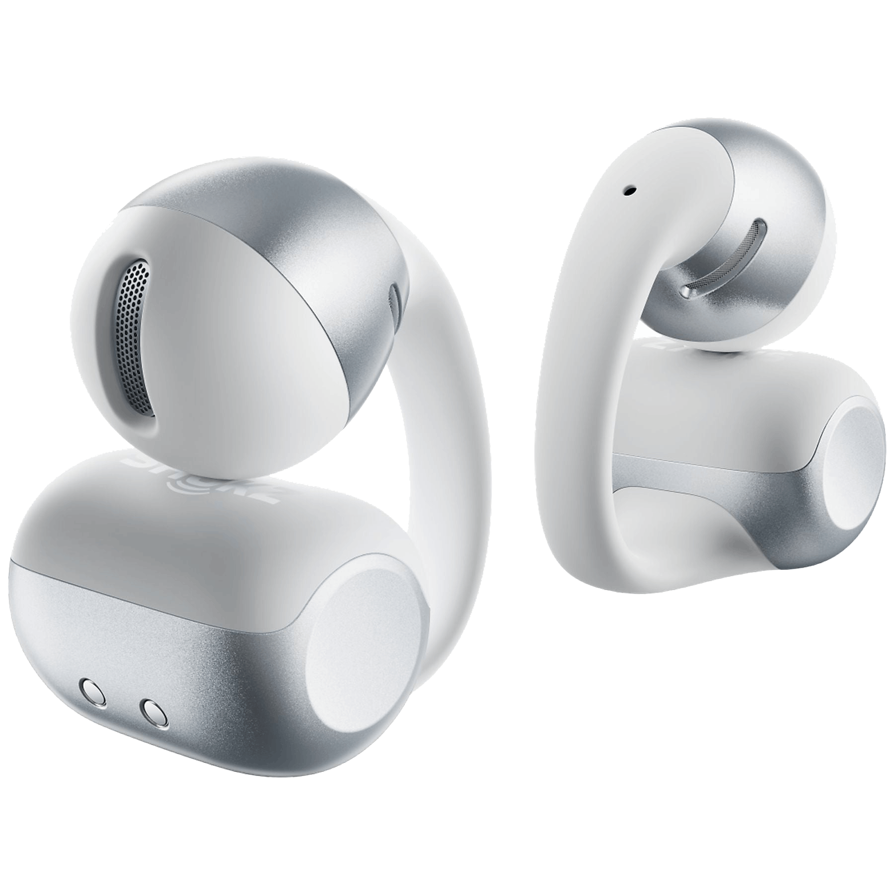 Dos auriculares blancos y plateados con banda curva yacen uno al lado del otro.