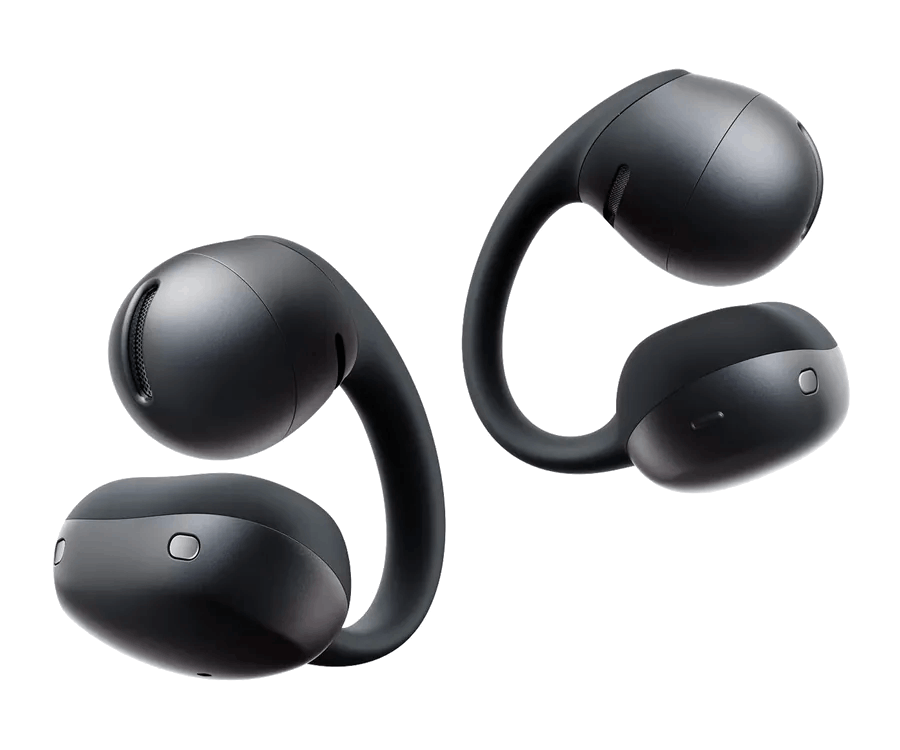 Dos auriculares inalámbricos negros con tallos curvos, sobre fondo negro.