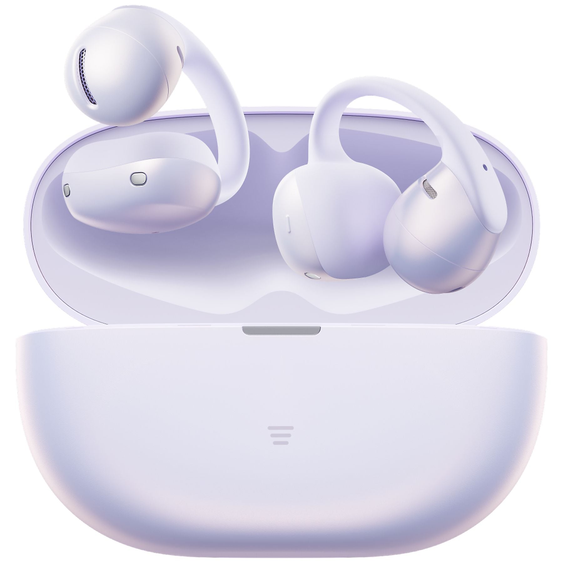 Un par de auriculares inalámbricos morados en un estuche de carga abierto.