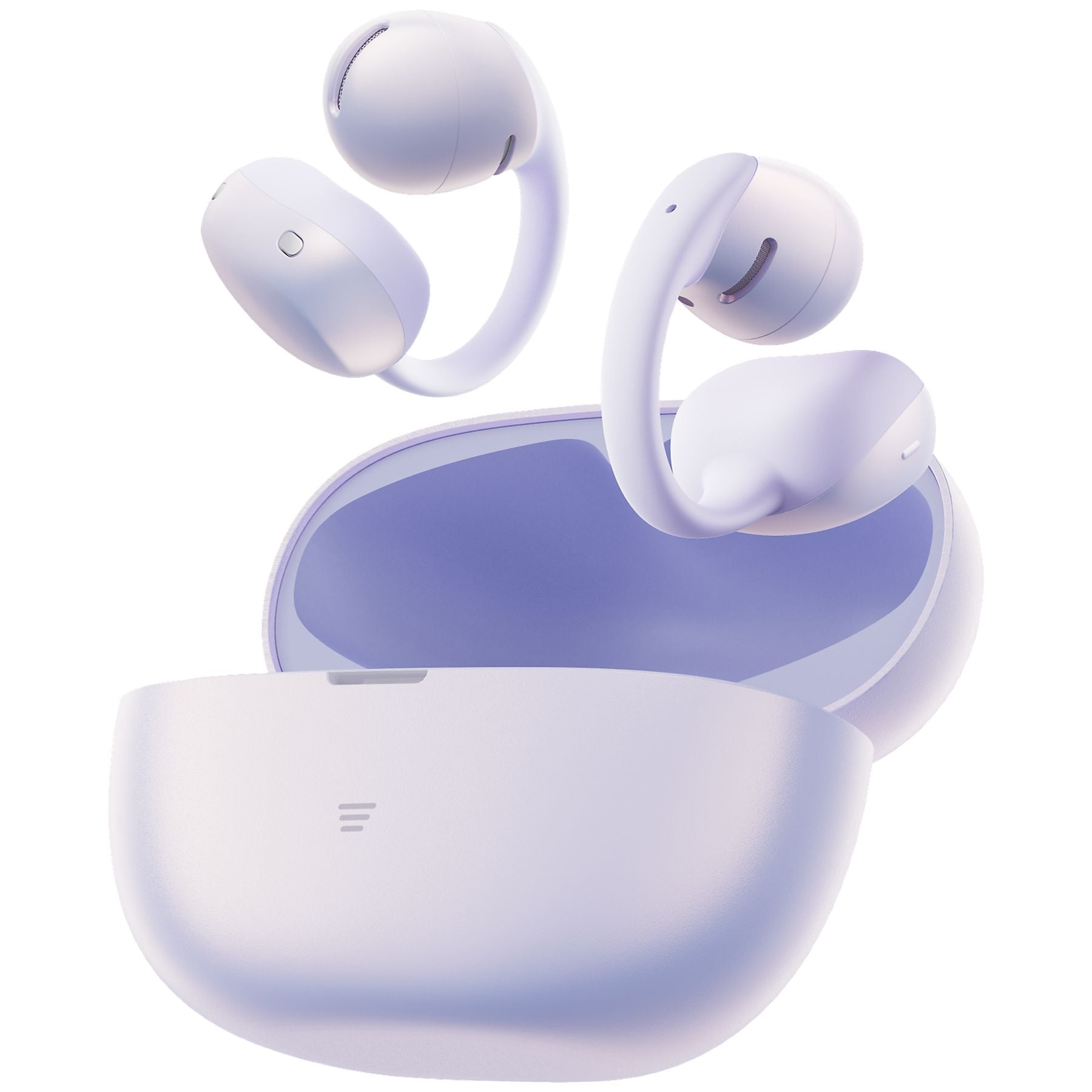 Dos auriculares blancos flotan sobre un estuche de carga blanco abierto con interior morado.