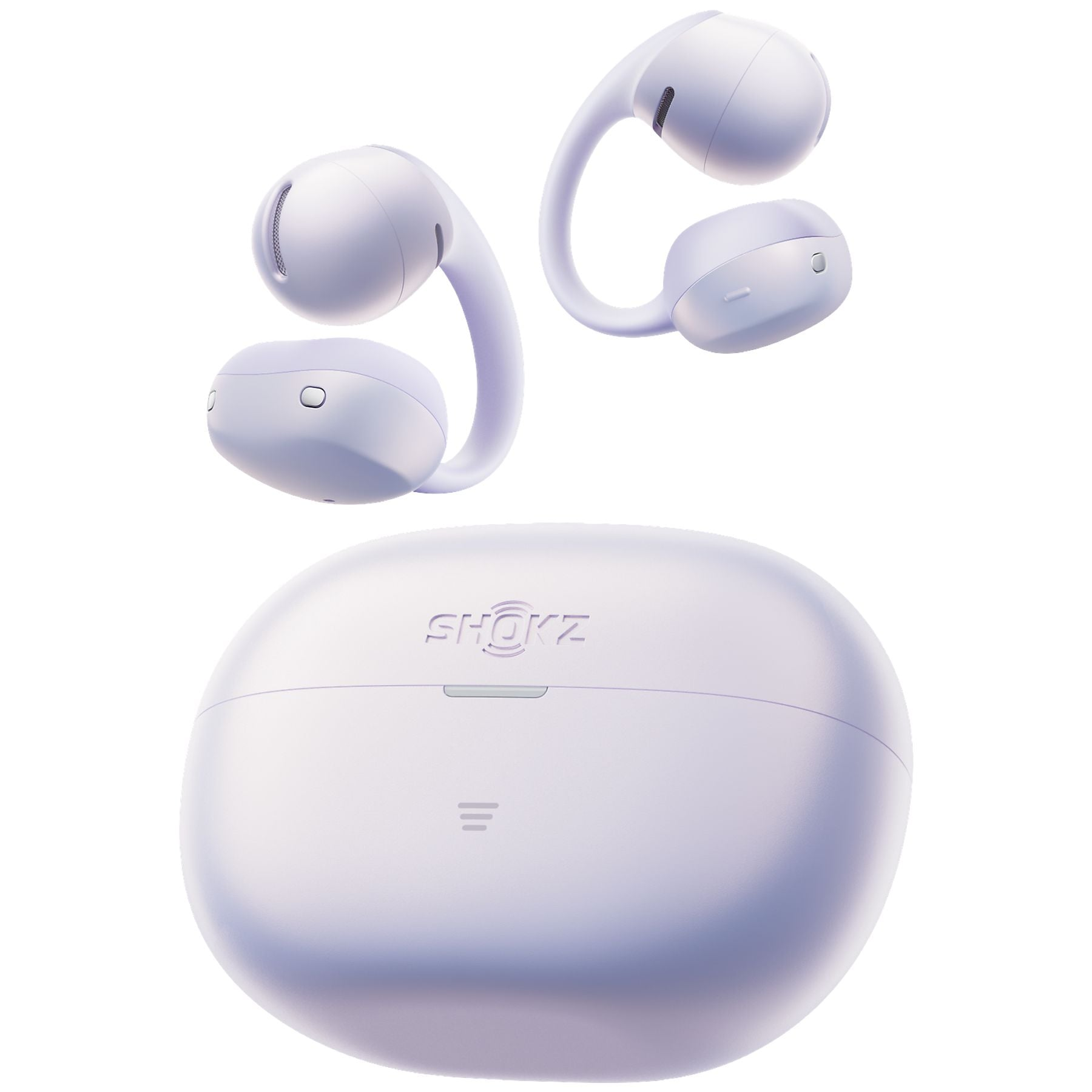 Un par de auriculares inalámbricos blancos con estuche de carga, sobre fondo blanco.