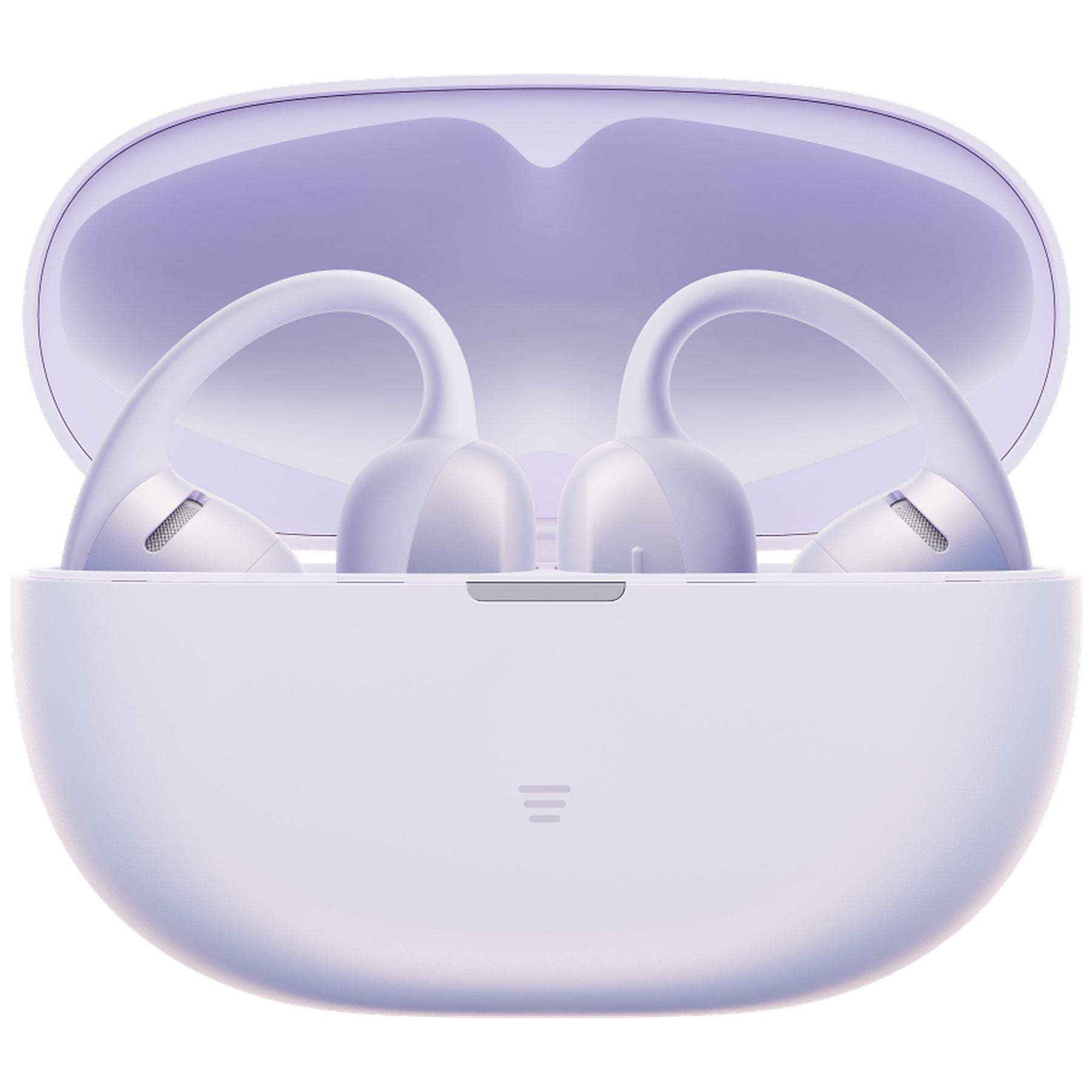 Auriculares inalámbricos morados en estuche de carga, tapa abierta.