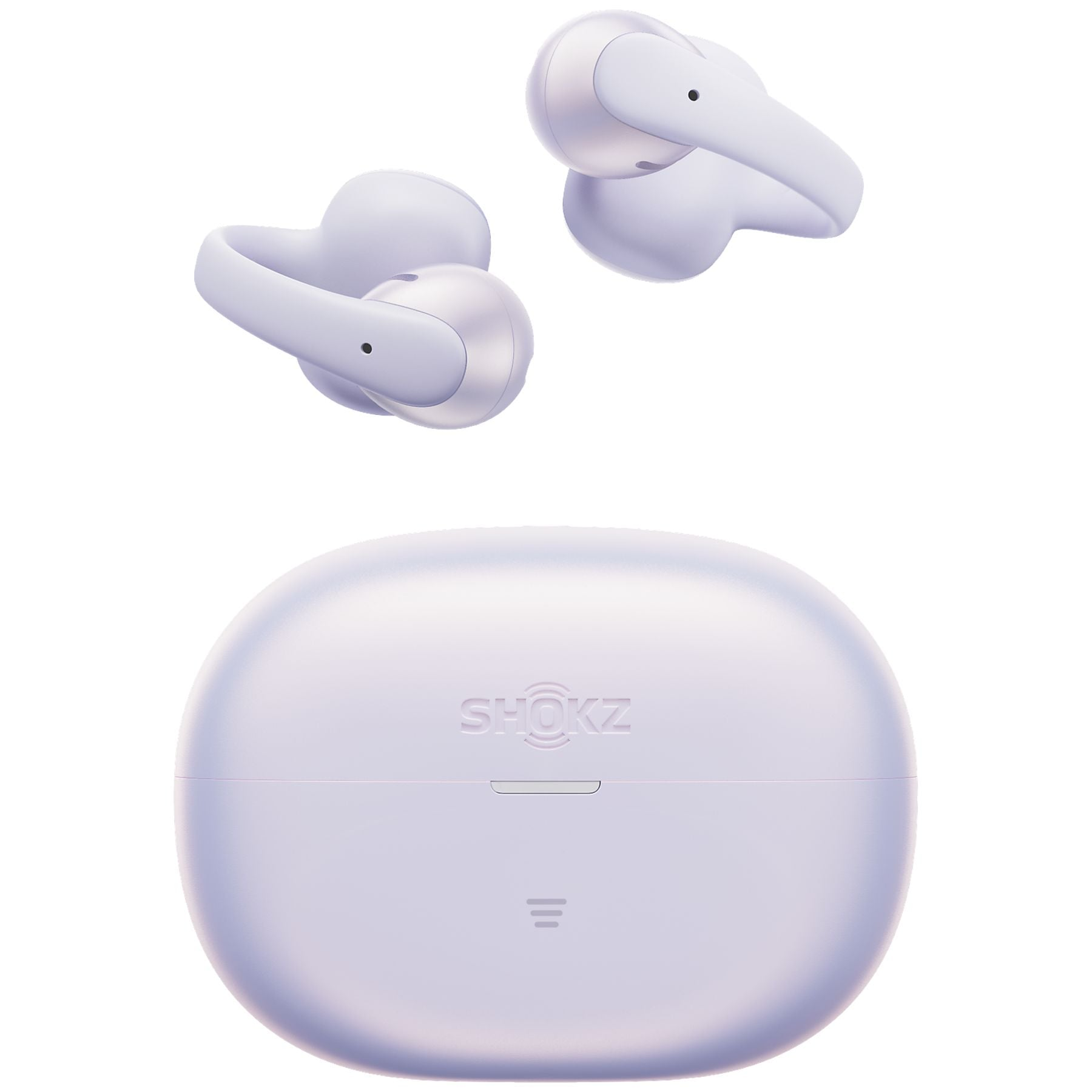Un par de auriculares inalámbricos blancos sobre un estuche de carga blanco con el logo SHOKZ.