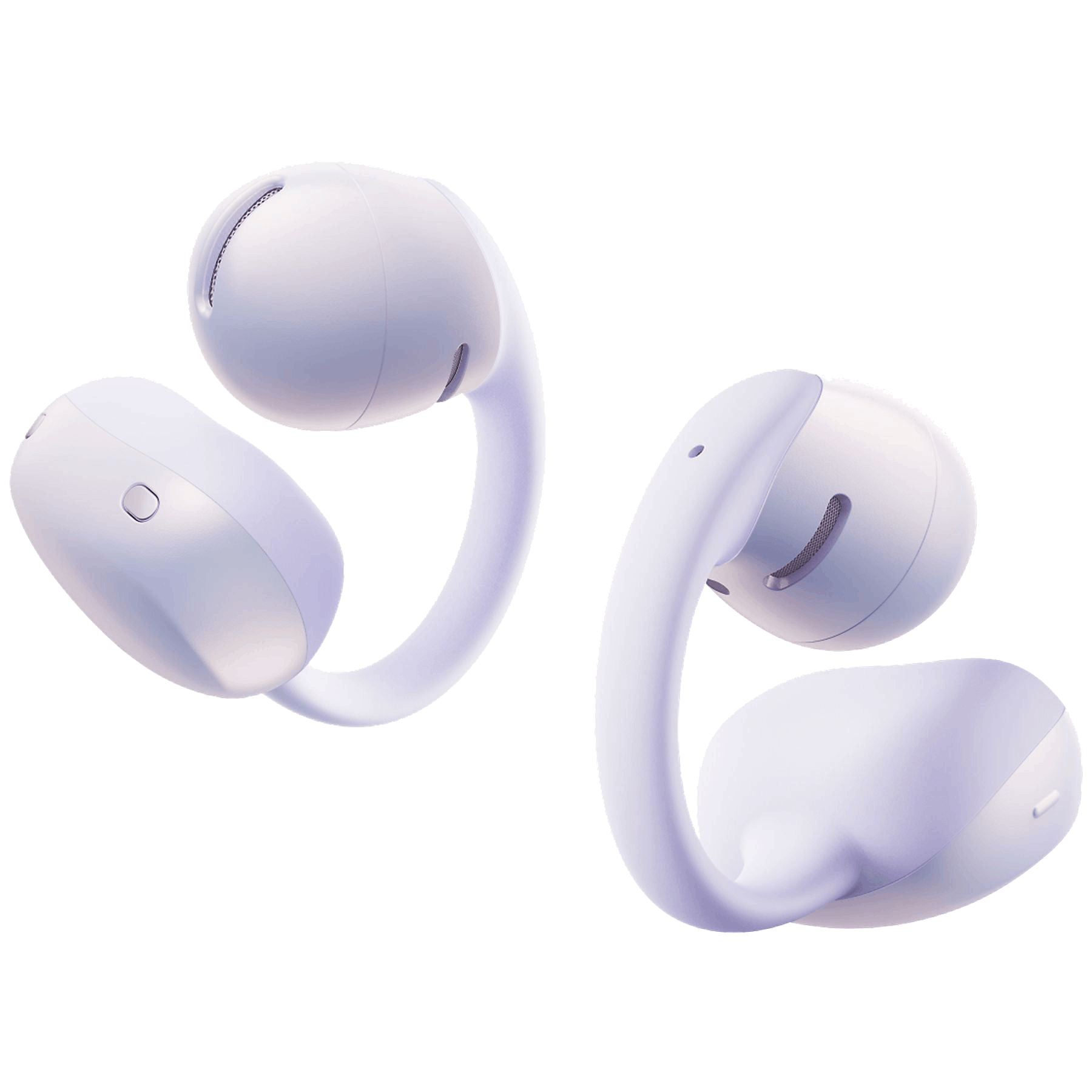 Dos auriculares morados con tallos curvos sobre fondo negro.