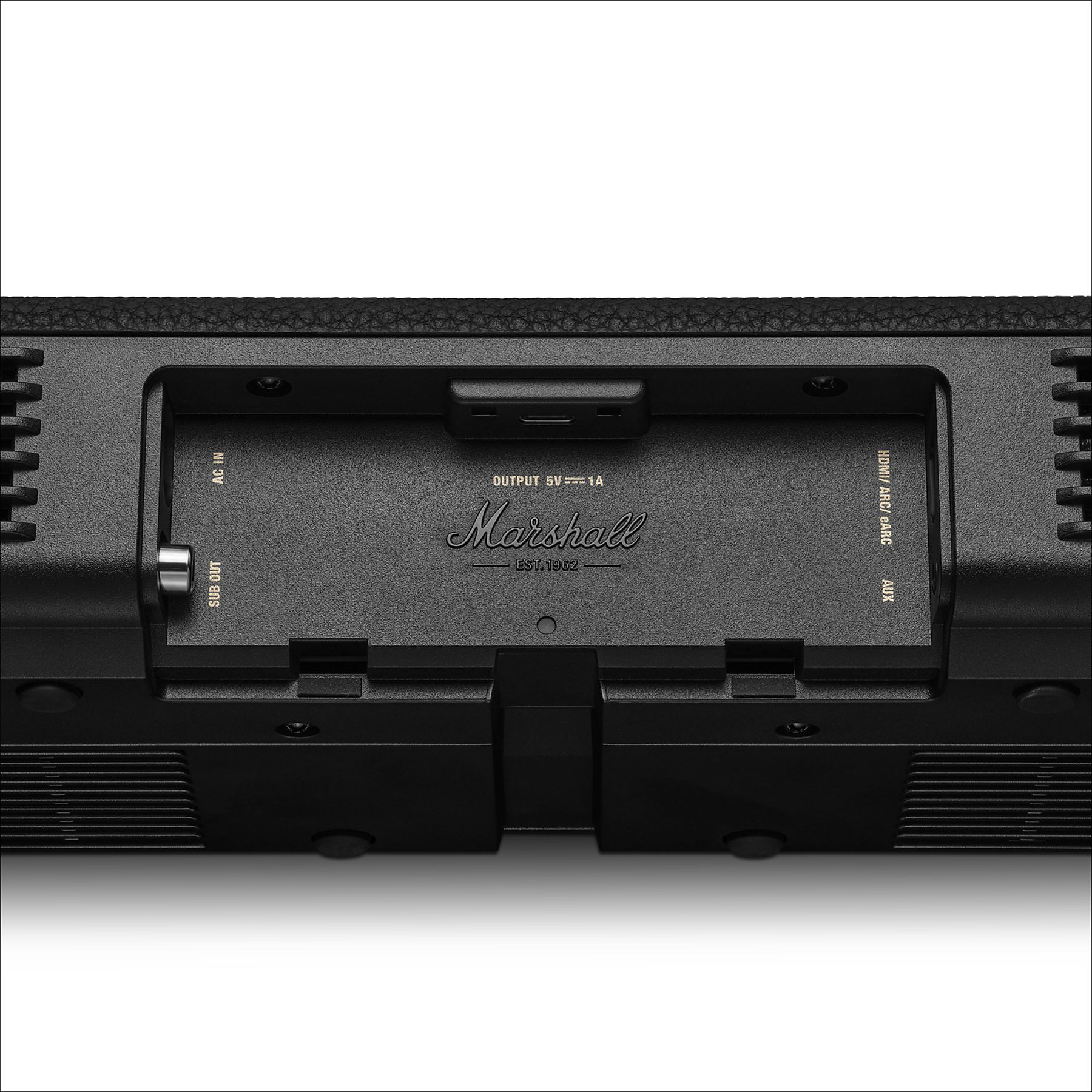 Parte trasera de un altavoz Marshall con puertos: AC IN, SUB OUT, HDMI/ARC/eARC, AUX.