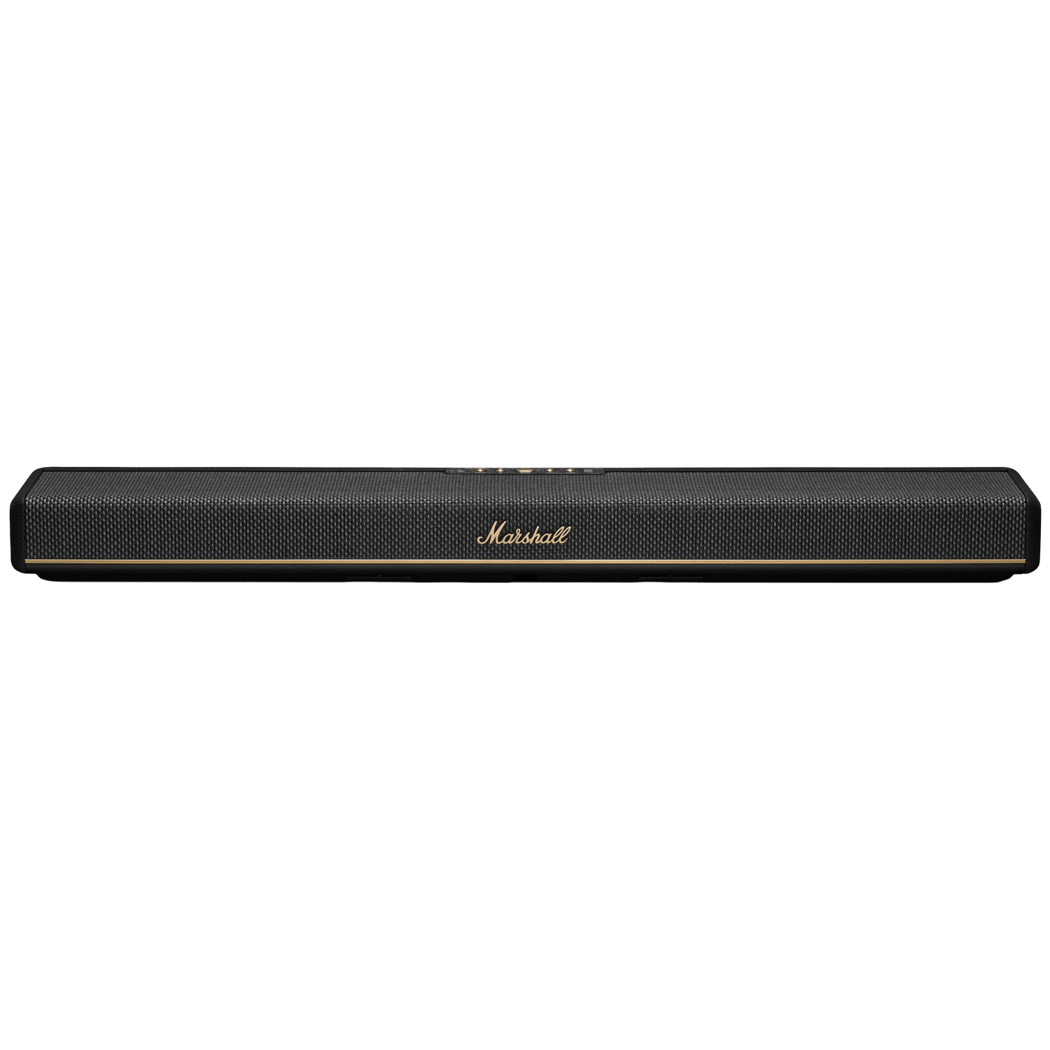 Altavoz Marshall negro con logo y rejilla dorados.