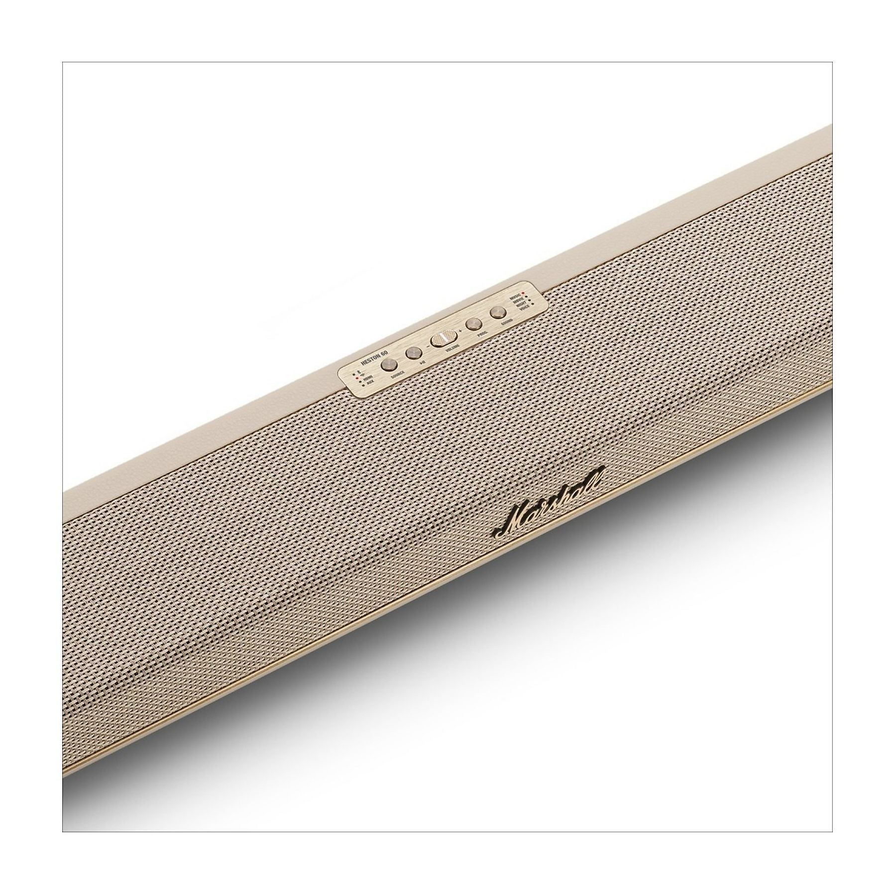 Altavoz Marshall beige con botones de control y logo.