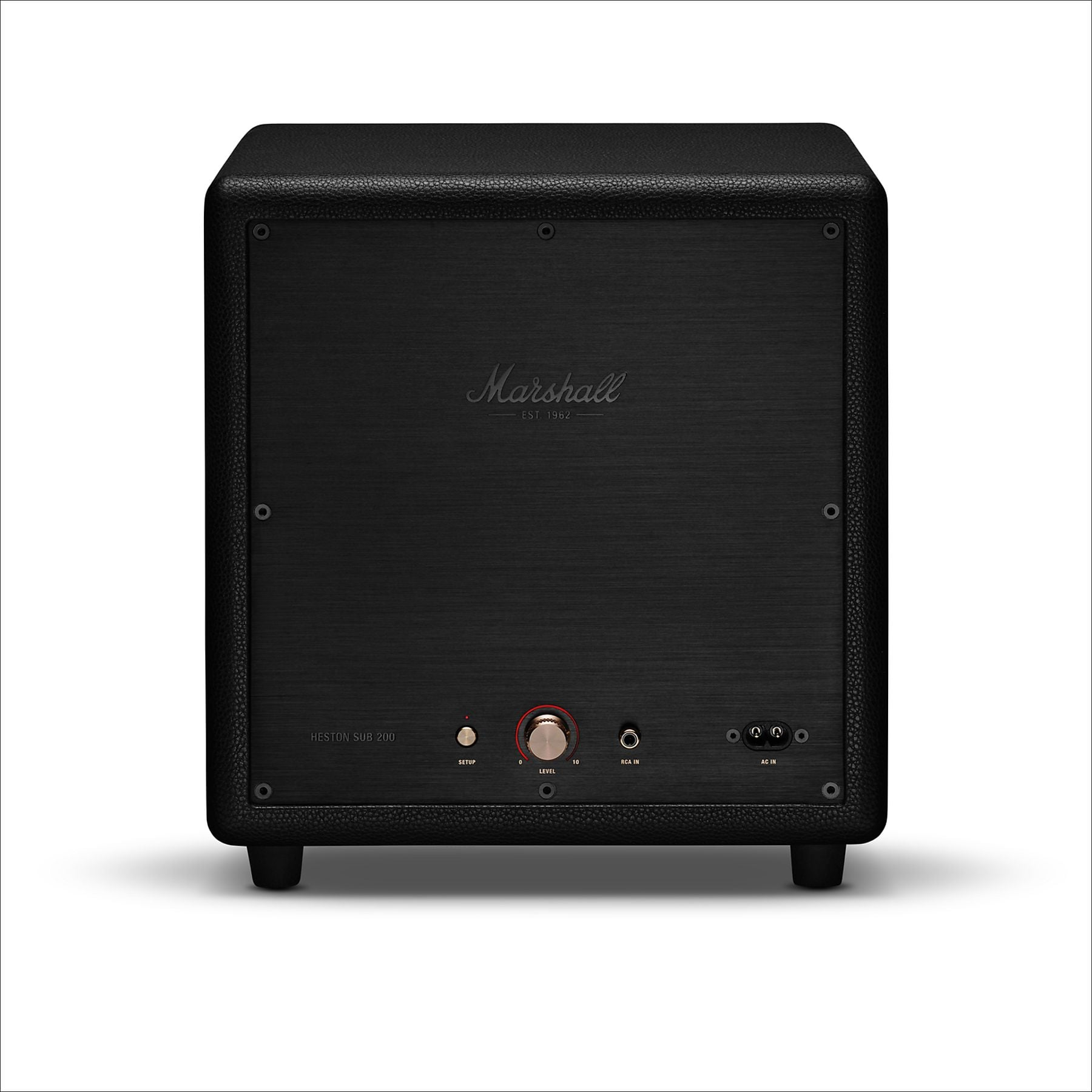 Subwoofer Marshall negro con perilla plateada y puertos en el panel trasero.
