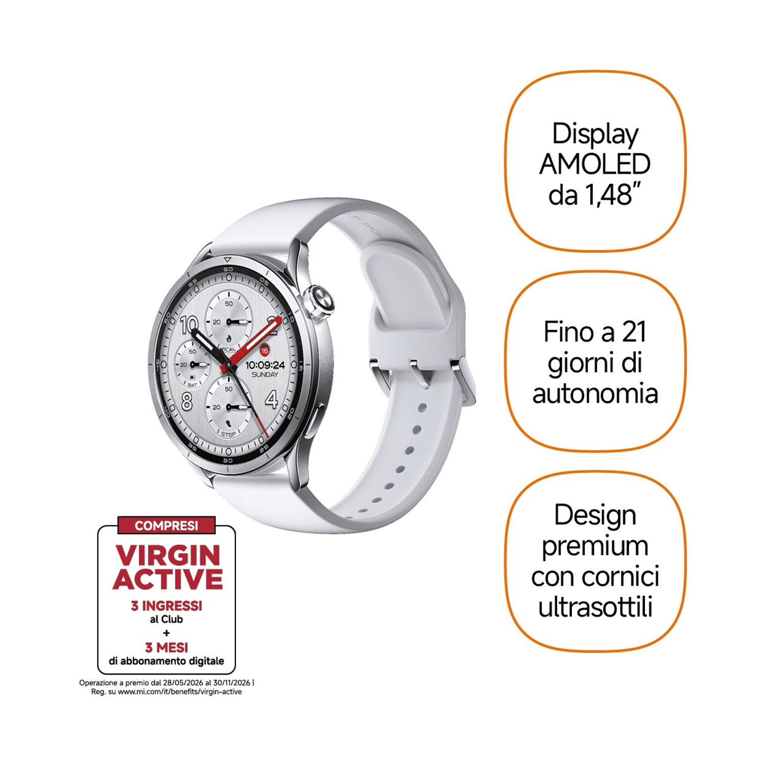 Uno smartwatch bianco con cassa argento, info su display, batteria e design.