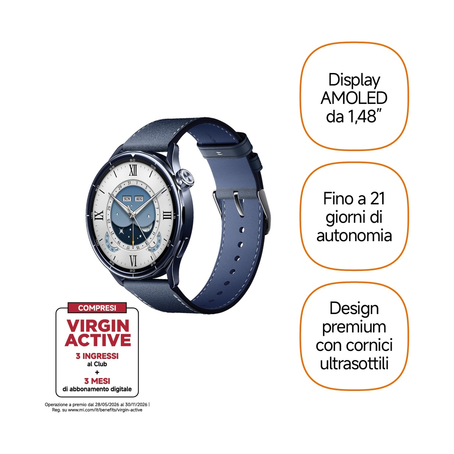 Smartwatch moderno con cinturino in pelle blu, display AMOLED e offerta Virgin Active.