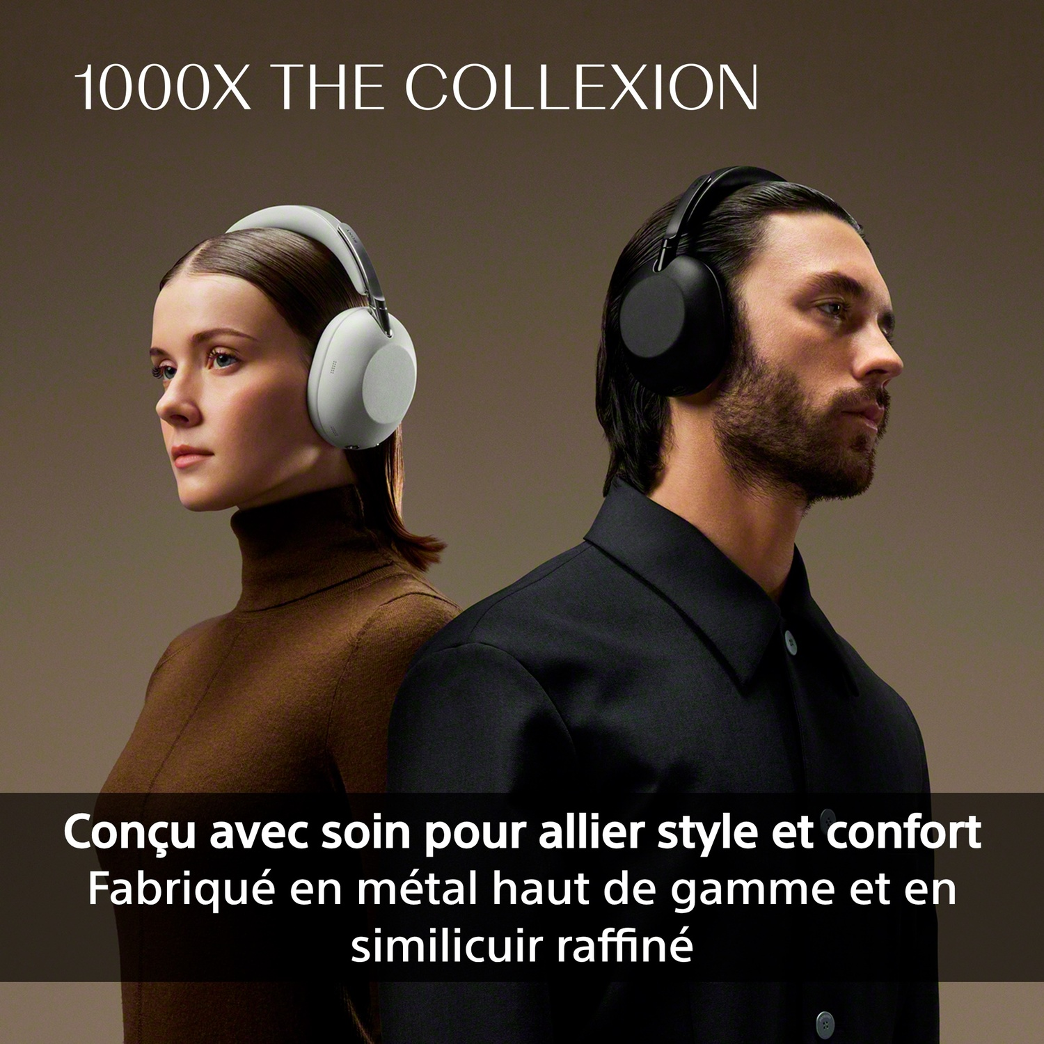 Man and woman wearing headphones. Text: 1000X THE COLLEXION.
