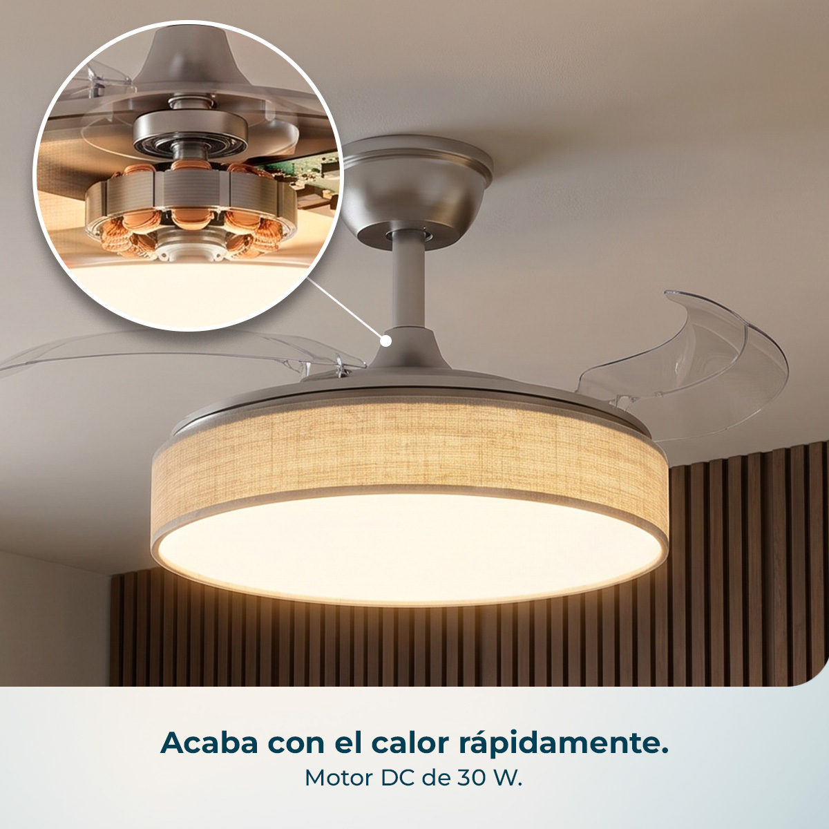 Ventilador de techo moderno con aspas retráctiles y pantalla de tela.