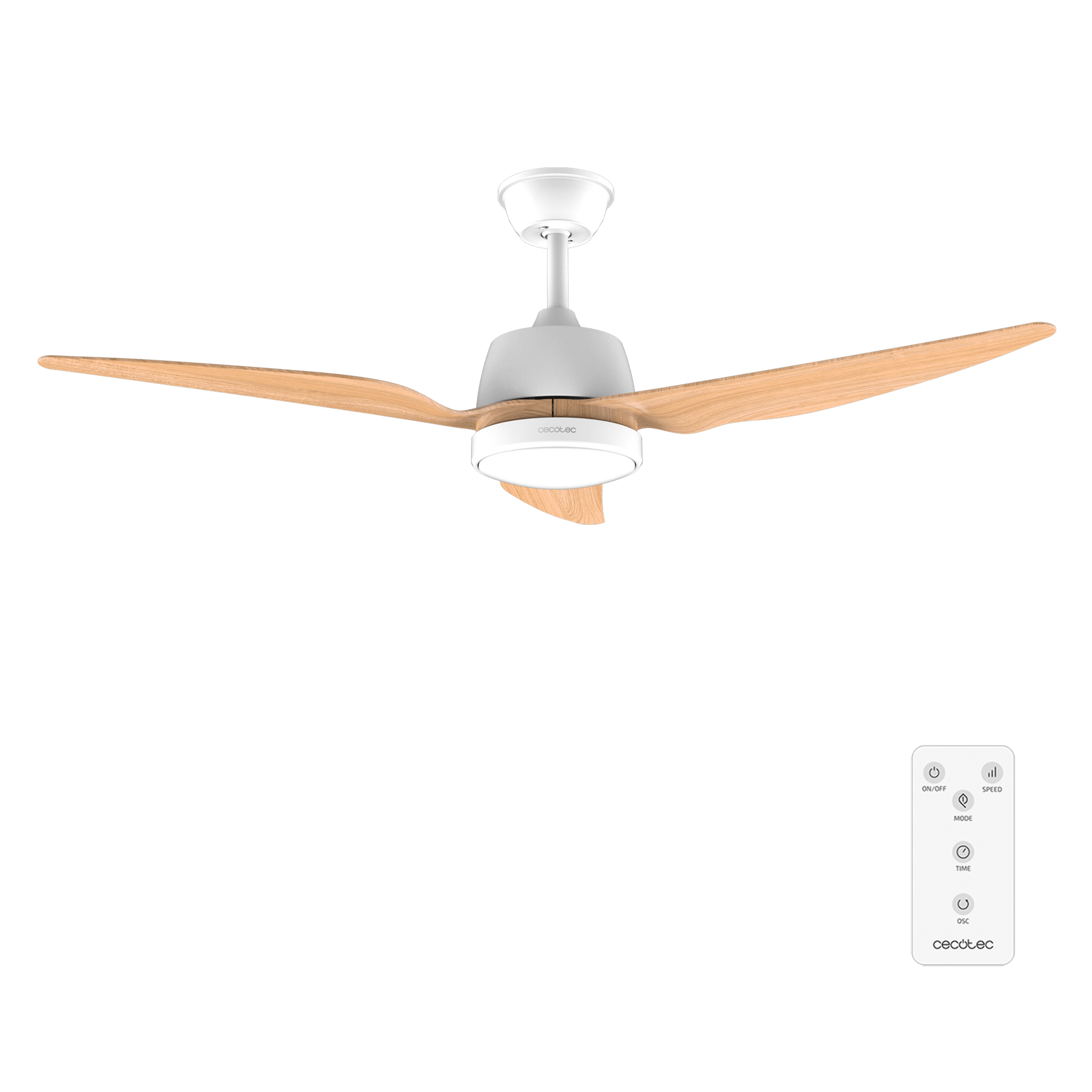 Un ventilador de techo blanco con aspas de madera y mando a distancia.