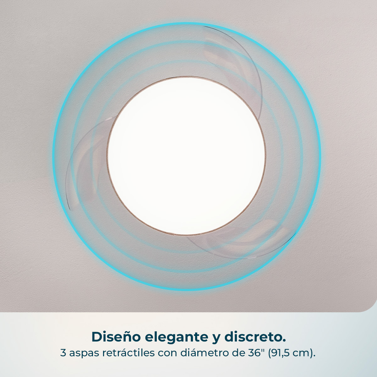 Un ventilador de techo redondo con aspas retráctiles y efectos de luz azul.