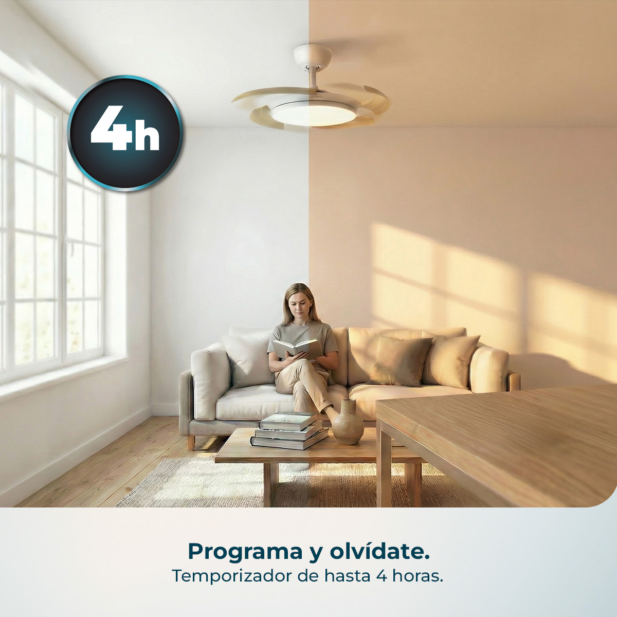Mujer lee en sofá, ventilador de techo con luz, icono temporizador 4h.