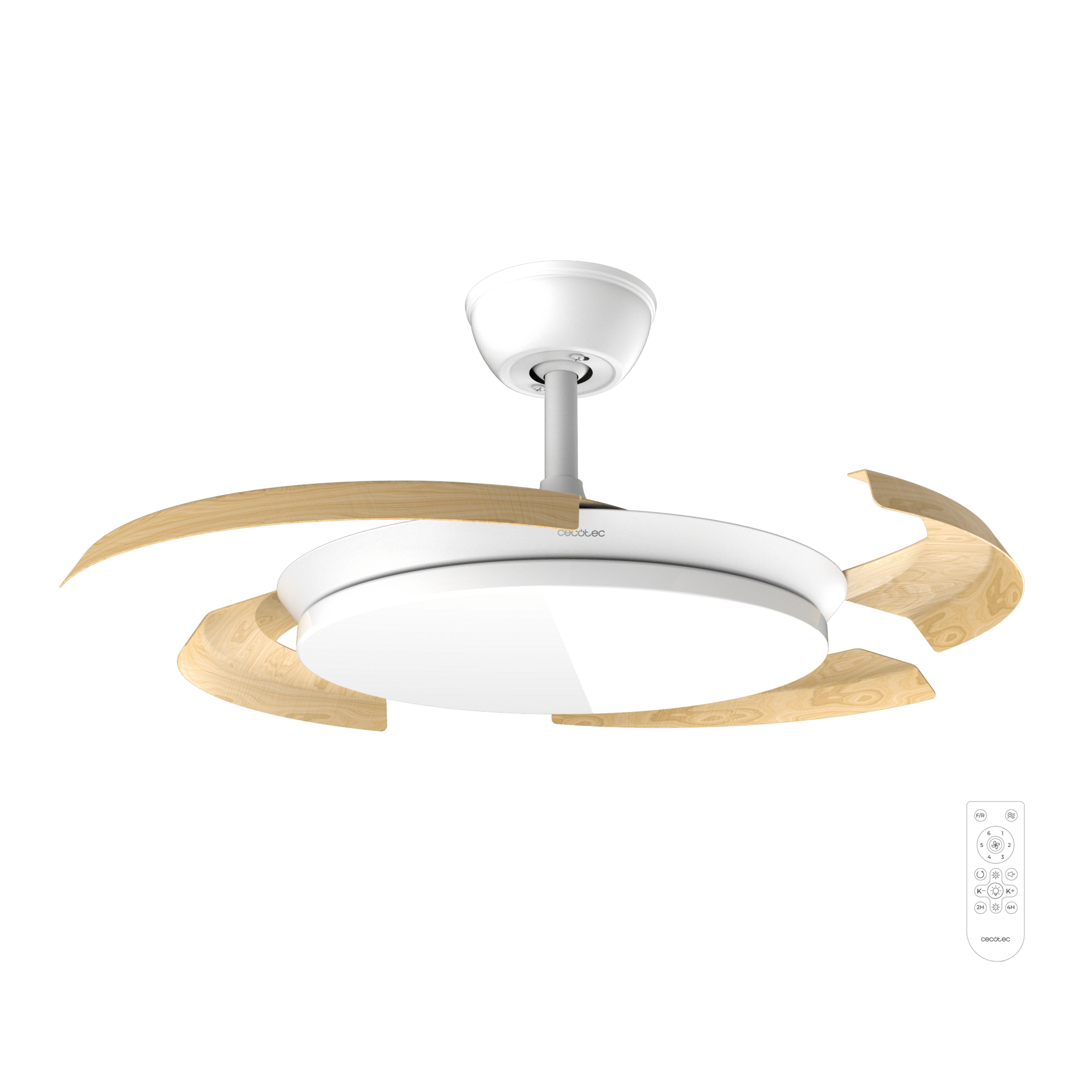 Ventilador de techo blanco moderno con aspas de madera y mando.