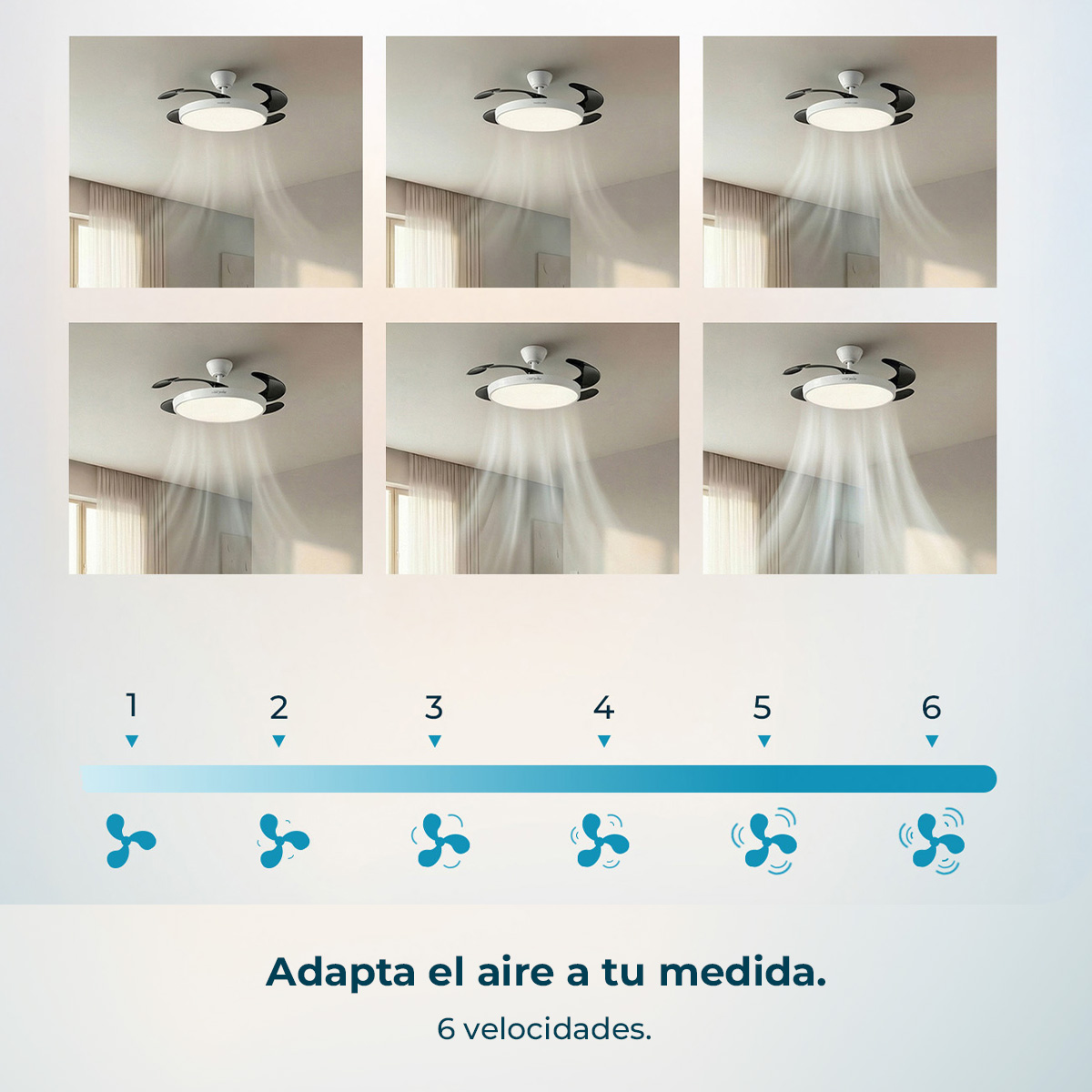 Ventilador de techo con aspas retráctiles, 6 velocidades.