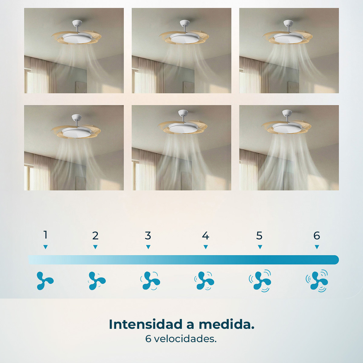 Ventilador de techo con 6 velocidades, se visualiza el flujo de aire.