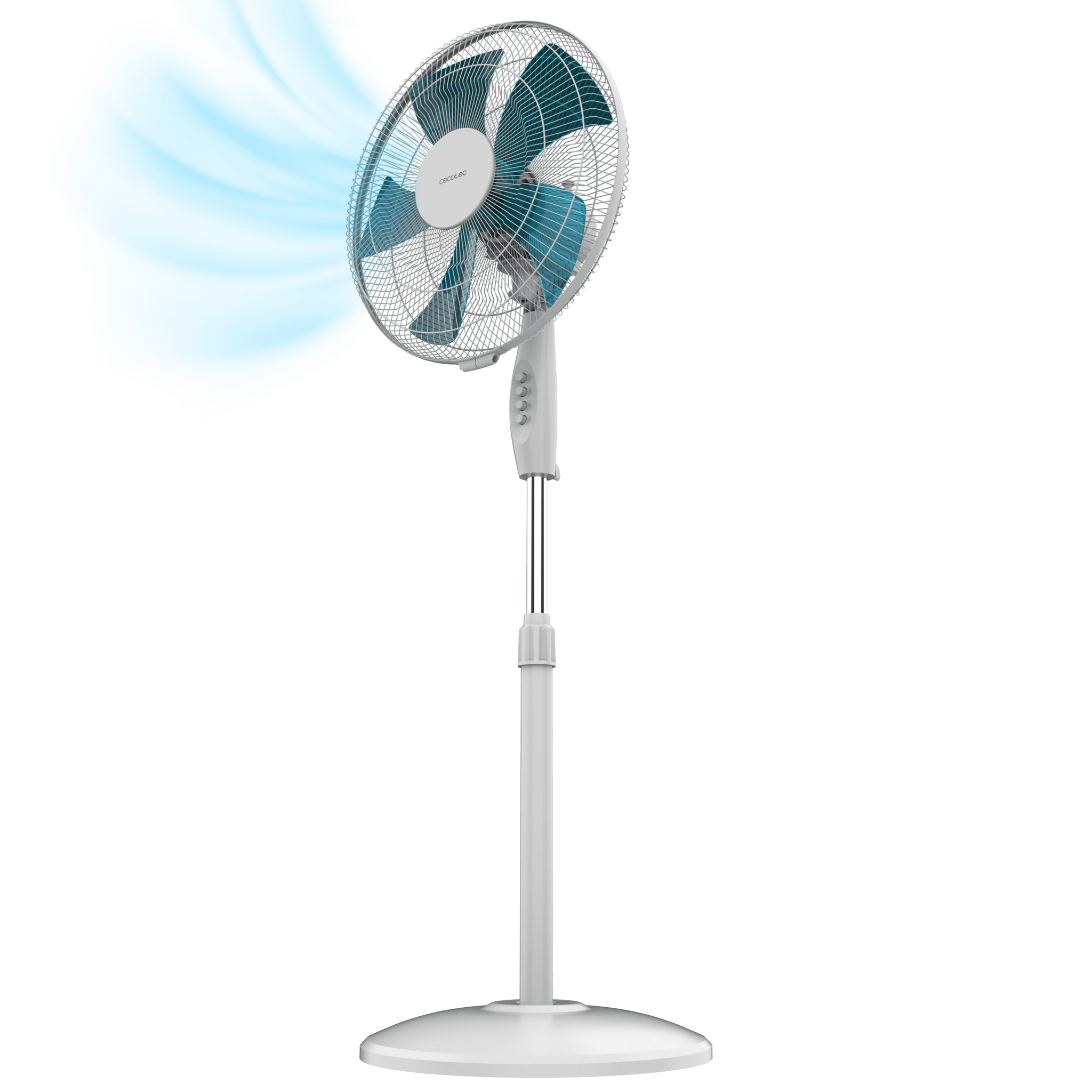 Un ventilador de pedestal blanco con aspas azules sobre fondo verde.
