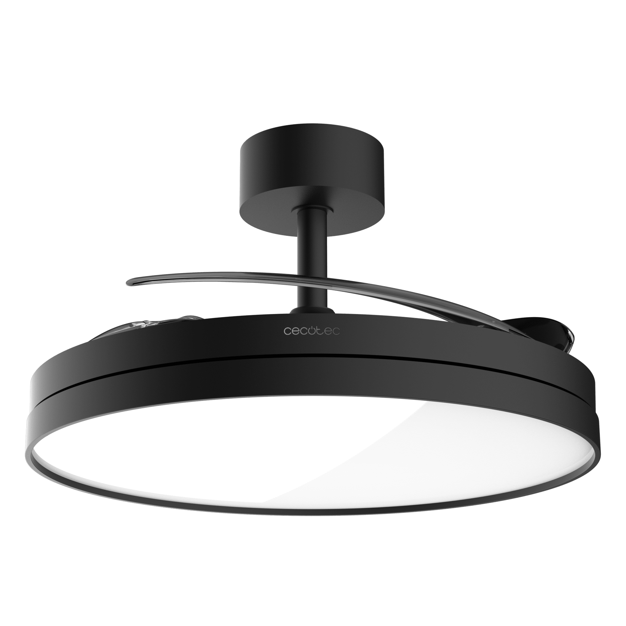 Ventilador de techo negro con luz LED integrada.