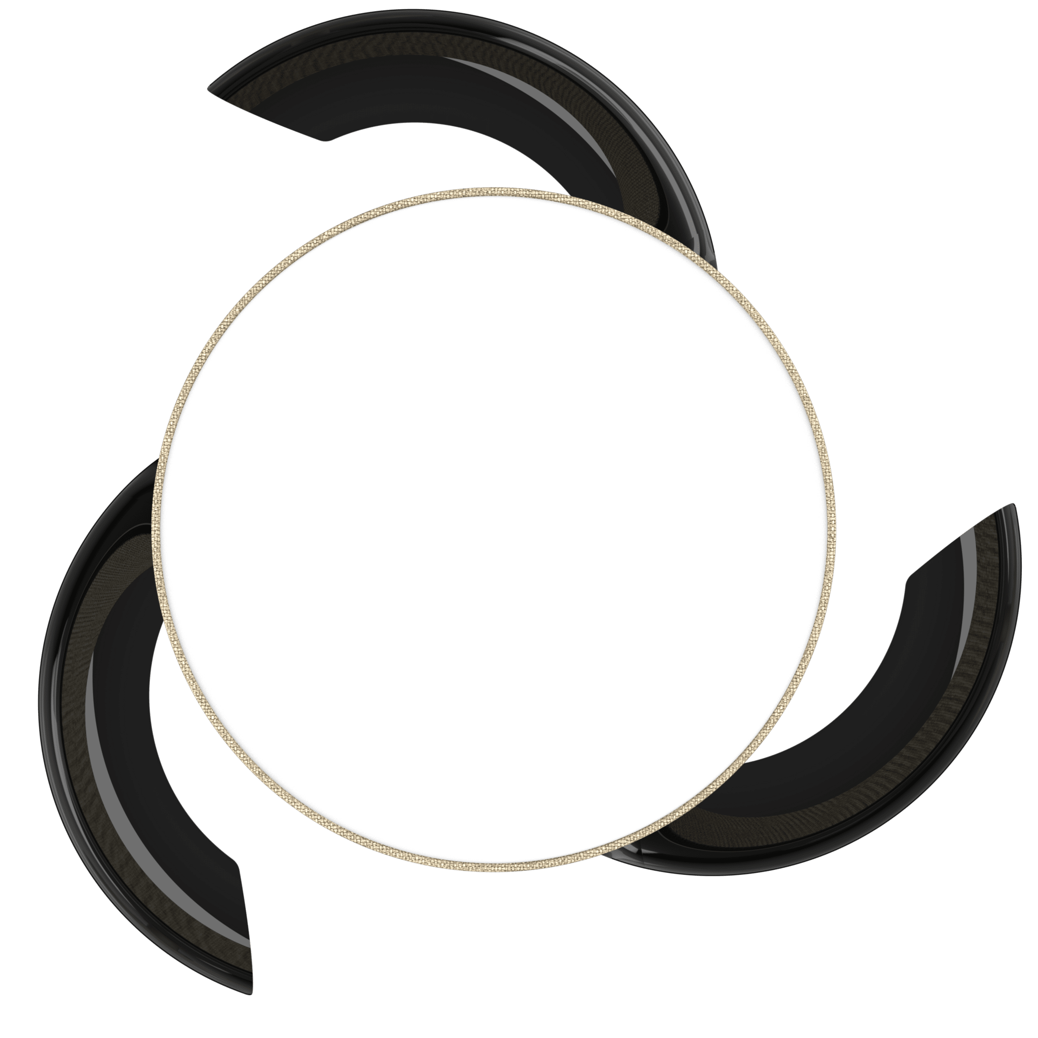 Un círculo blanco con borde dorado, rodeado de tres formas curvas negras sobre fondo verde.