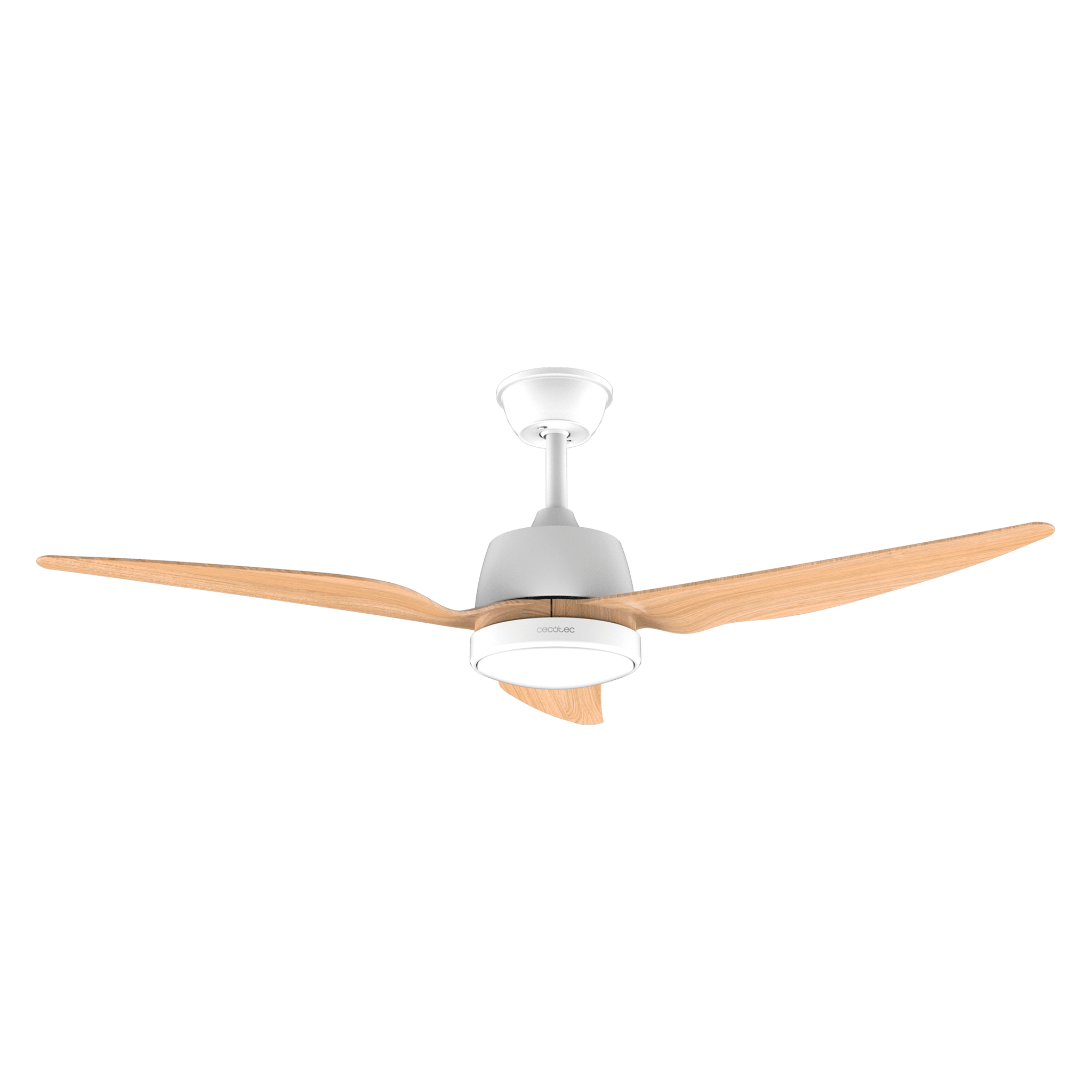 Ventilador de techo moderno con tres aspas de color madera y luz integrada.