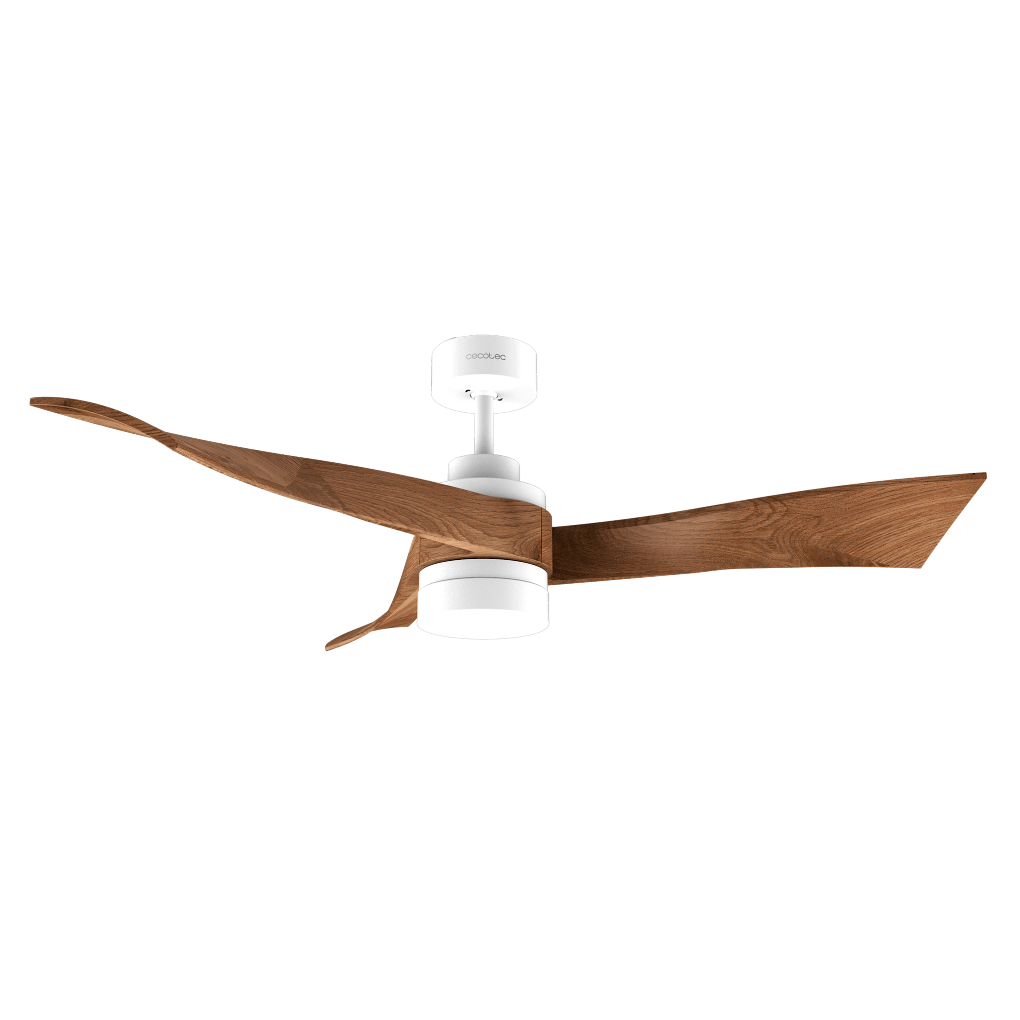 Ventilador de techo moderno con tres aspas de madera y cuerpo blanco.
