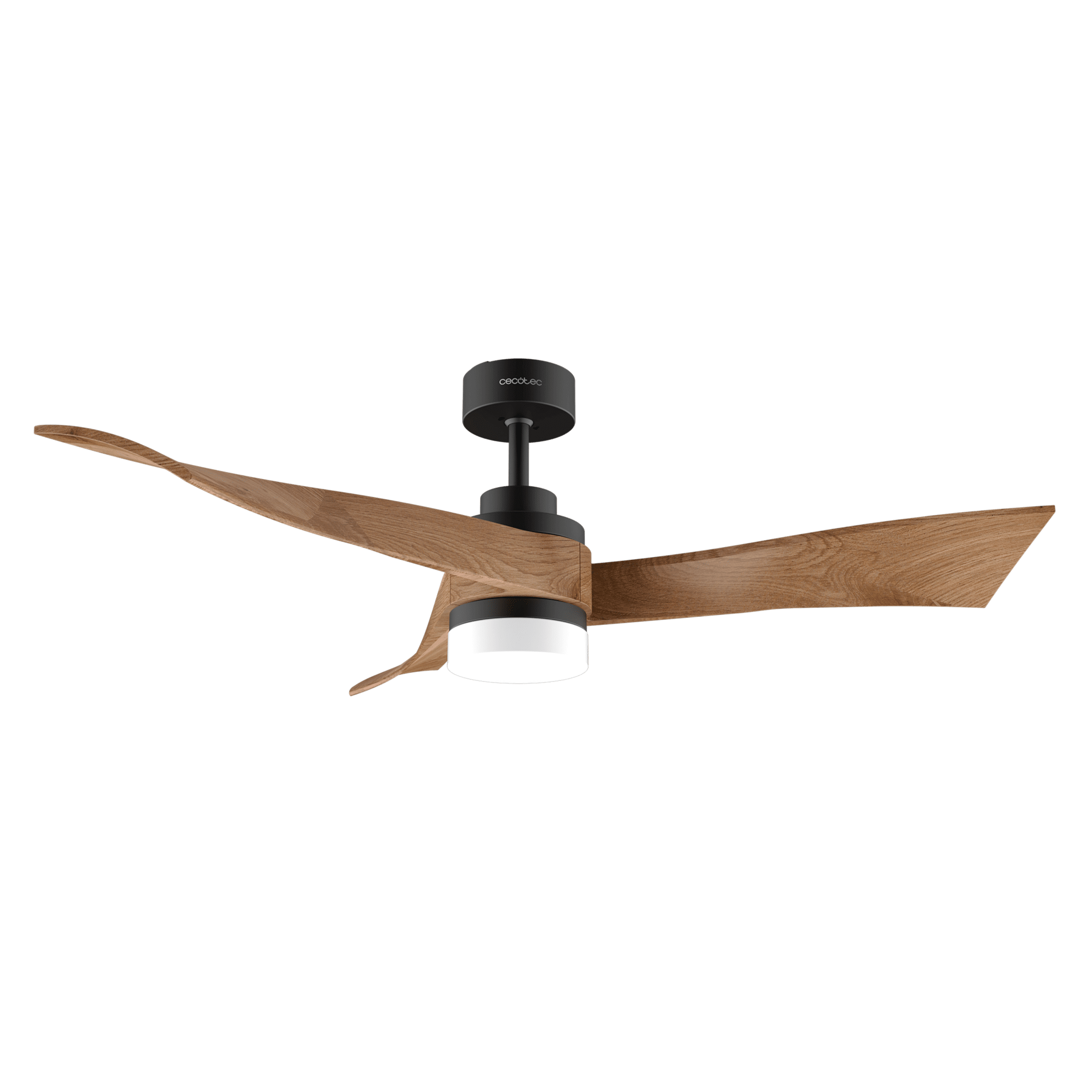 Ventilador de techo con aspas de madera y luz integrada.