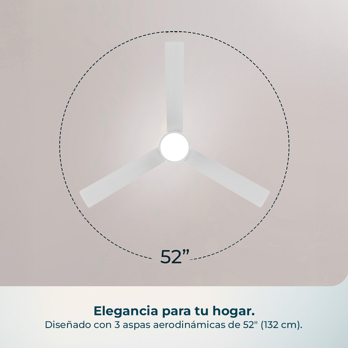 Ventilador de techo blanco de 3 aspas, 52 pulgadas, sobre fondo neutro.