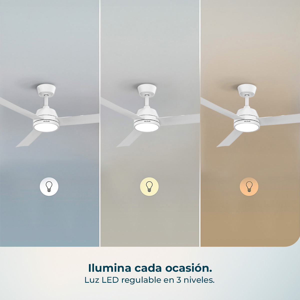Ventilador de techo con luz LED en 3 niveles de brillo, tono frío, neutro y cálido.