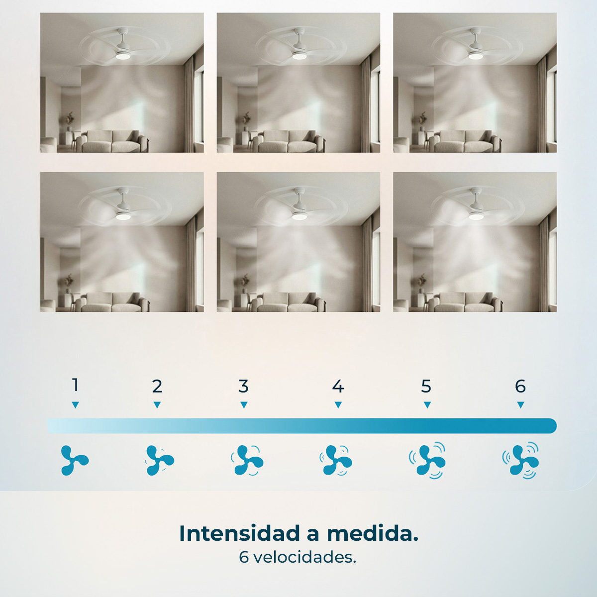 Seis ventiladores de techo a diferentes velocidades, con iconos.