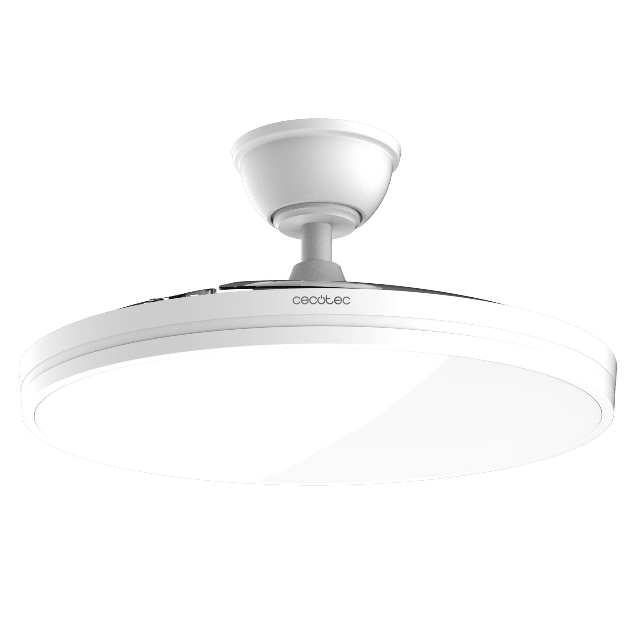 Luz de techo blanca con ventilador integrado en diseño moderno.