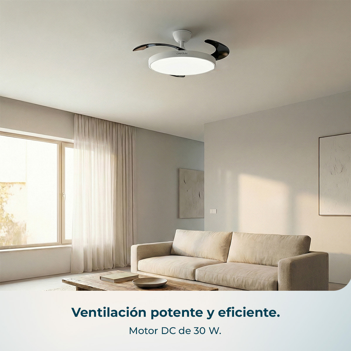 Ventilador de techo con luz LED sobre un sofá en una sala.