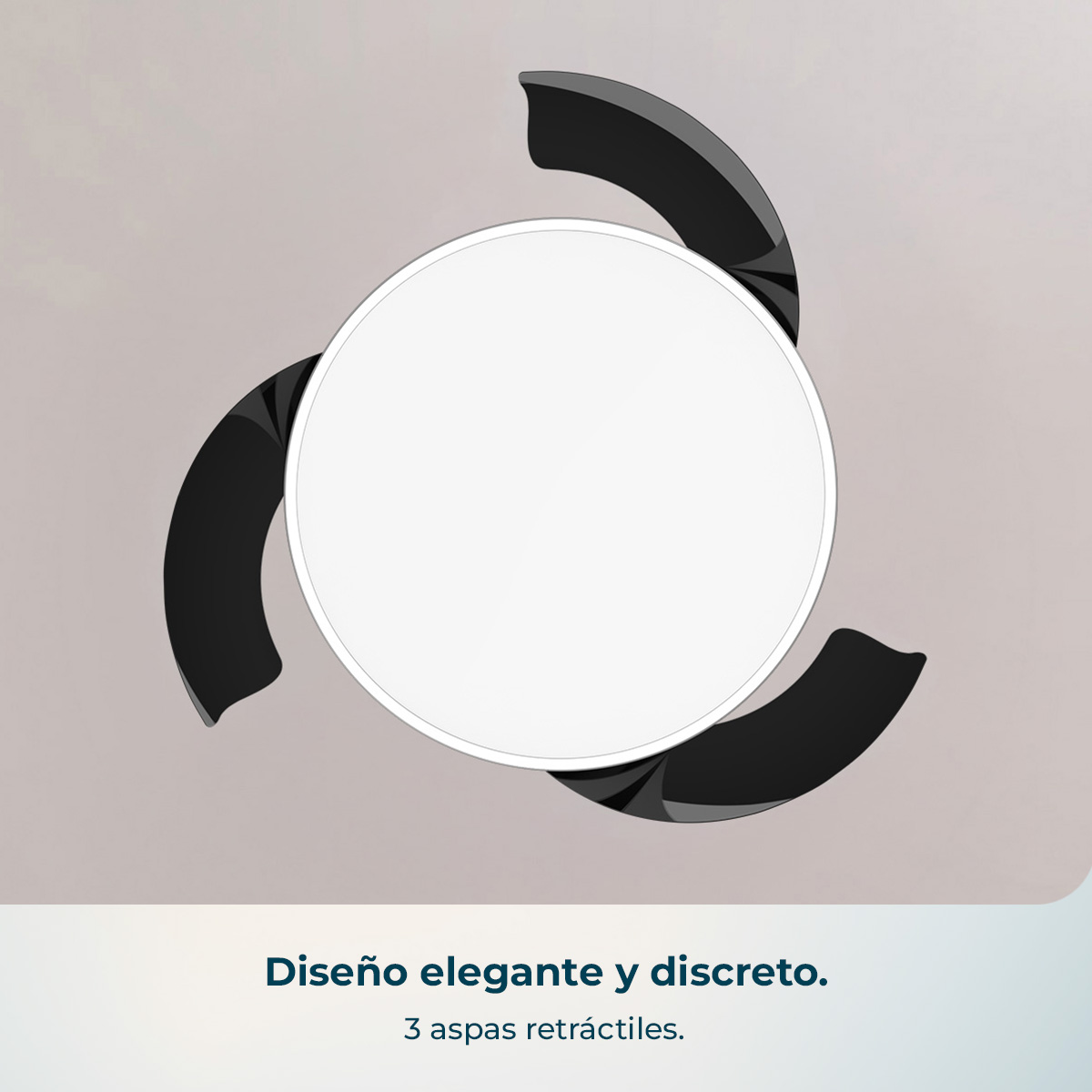 Un círculo blanco con tres aspas retráctiles negras sobre fondo gris.