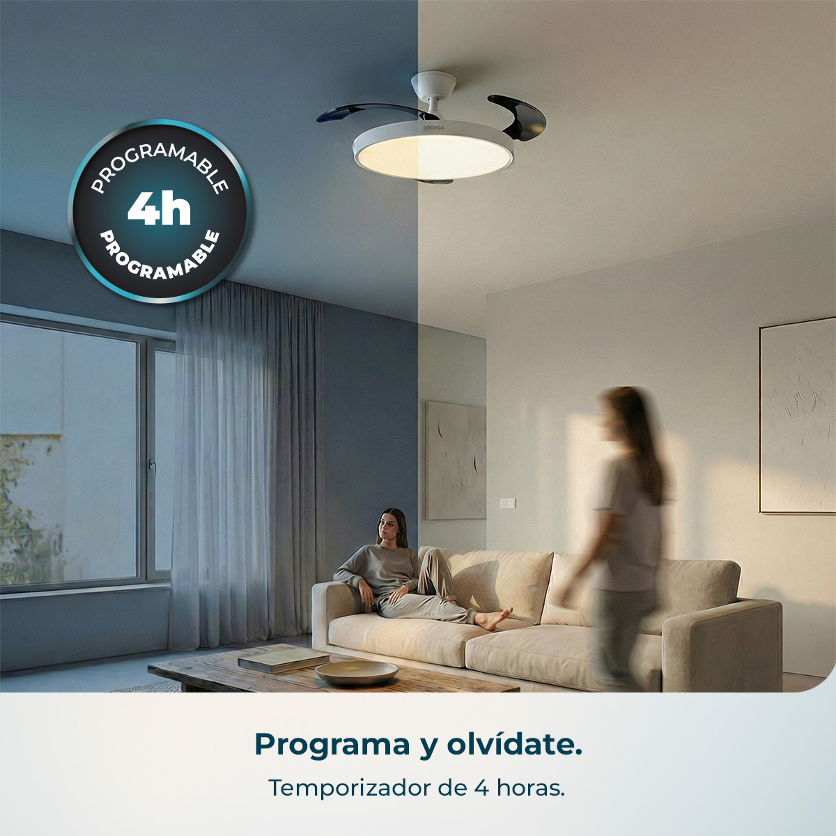 Ventilador de techo con luz y temporizador de 4h, mujer en sofá.