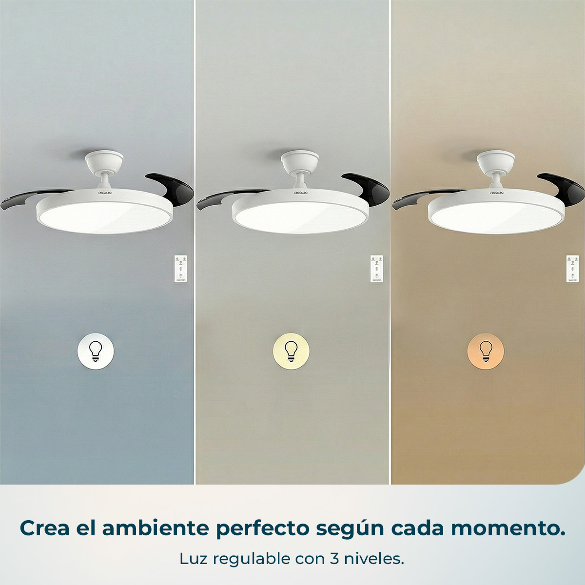 Ventilador de techo con luz en tres temperaturas de color.
