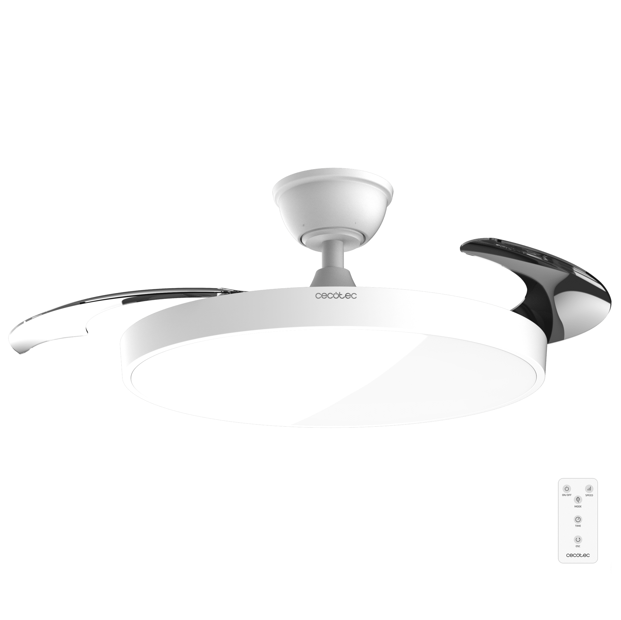 Una lámpara de ventilador de techo blanca con detalles cromados y mando.