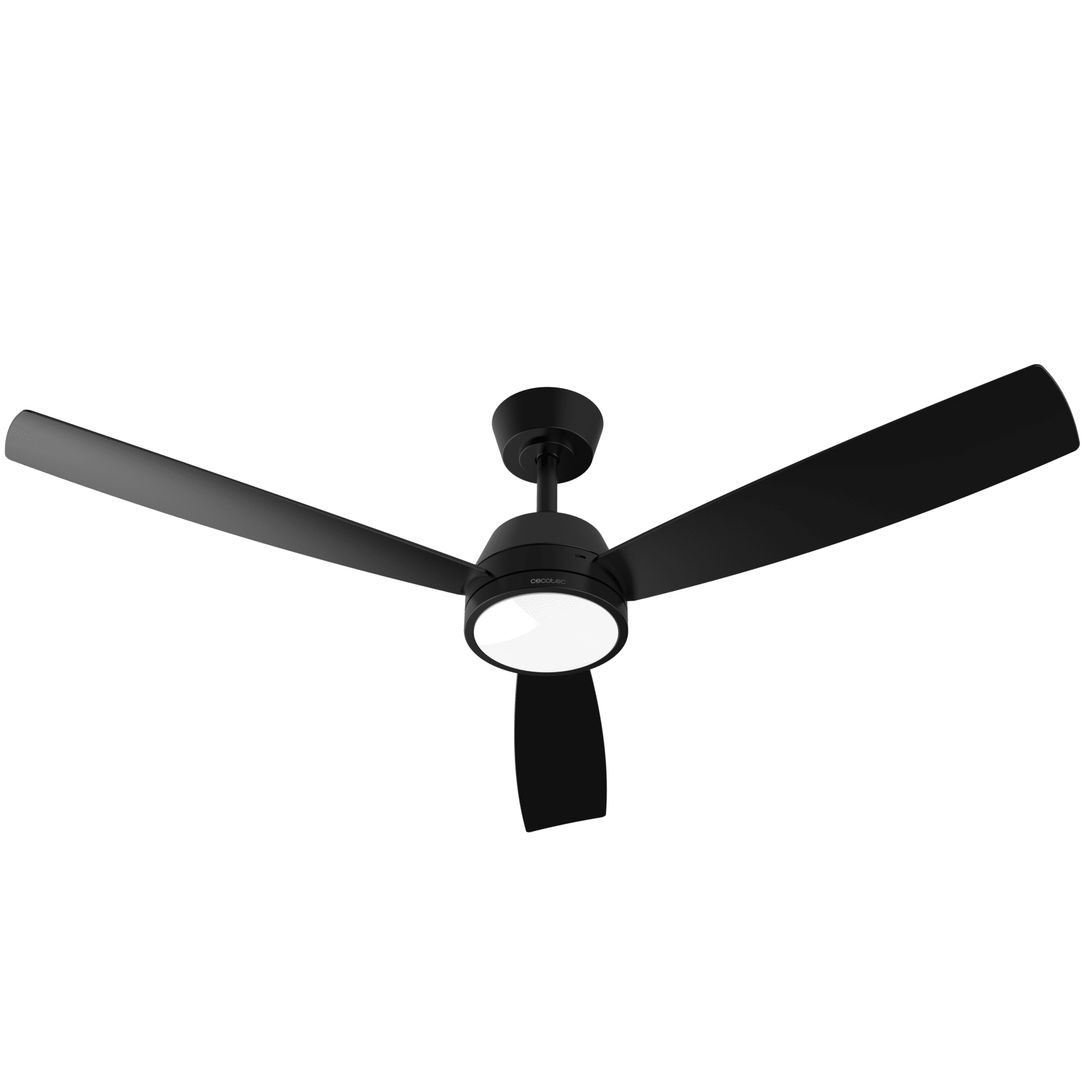 Ventilador de techo negro con tres aspas y luz LED blanca integrada.