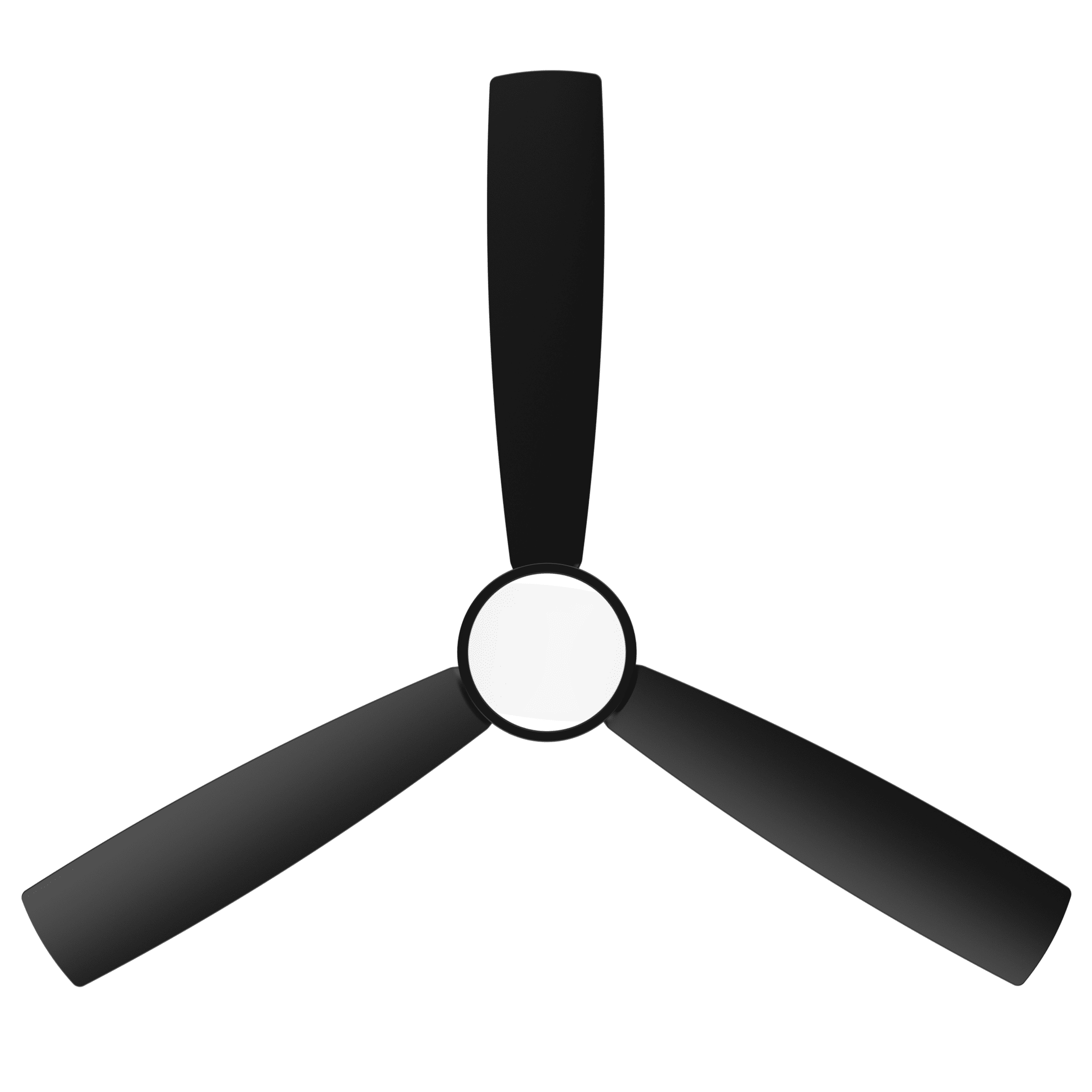 Ventilador de techo negro con tres aspas y centro blanco, sobre fondo verde.