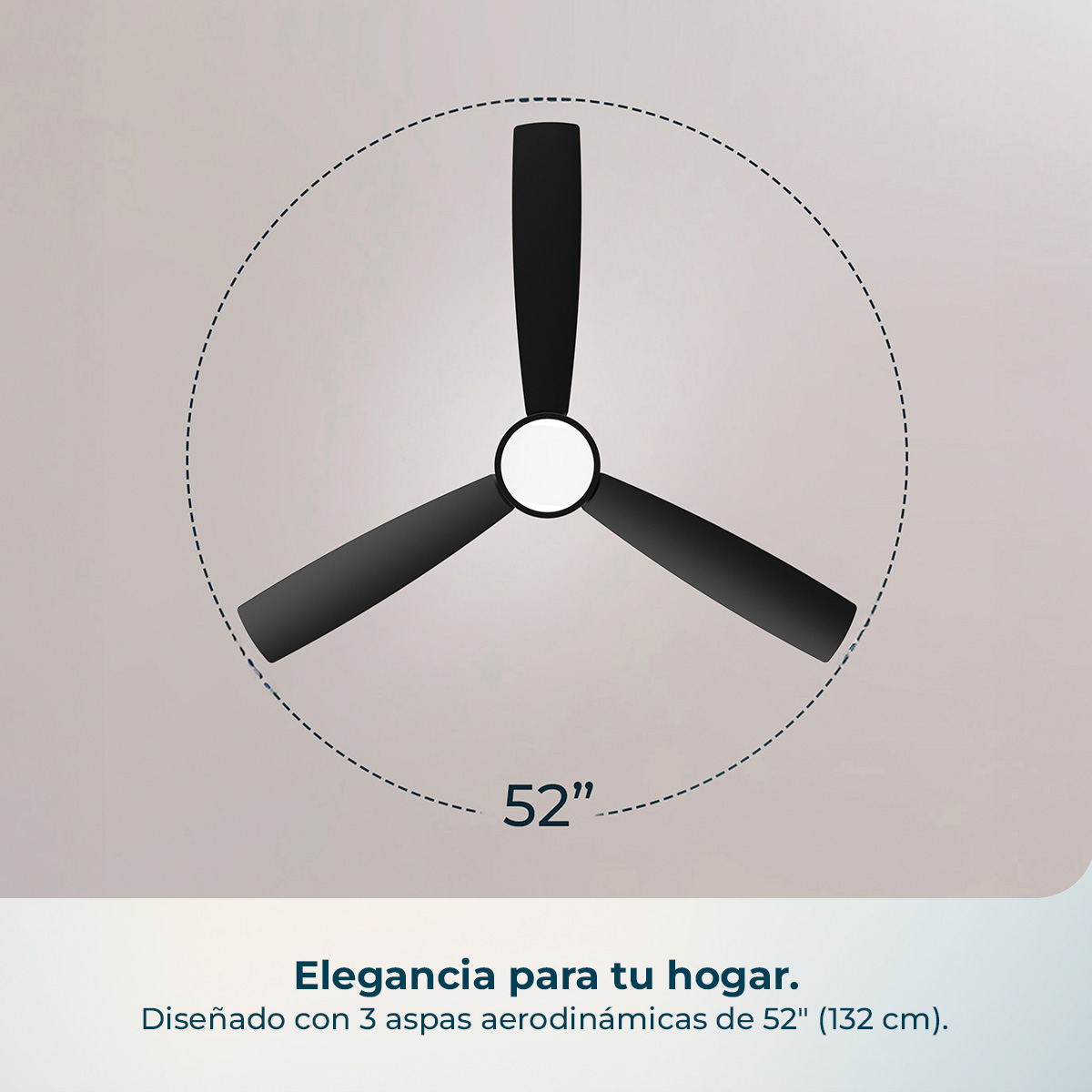 Ventilador de techo negro con 3 aspas y 52 pulgadas de diámetro.