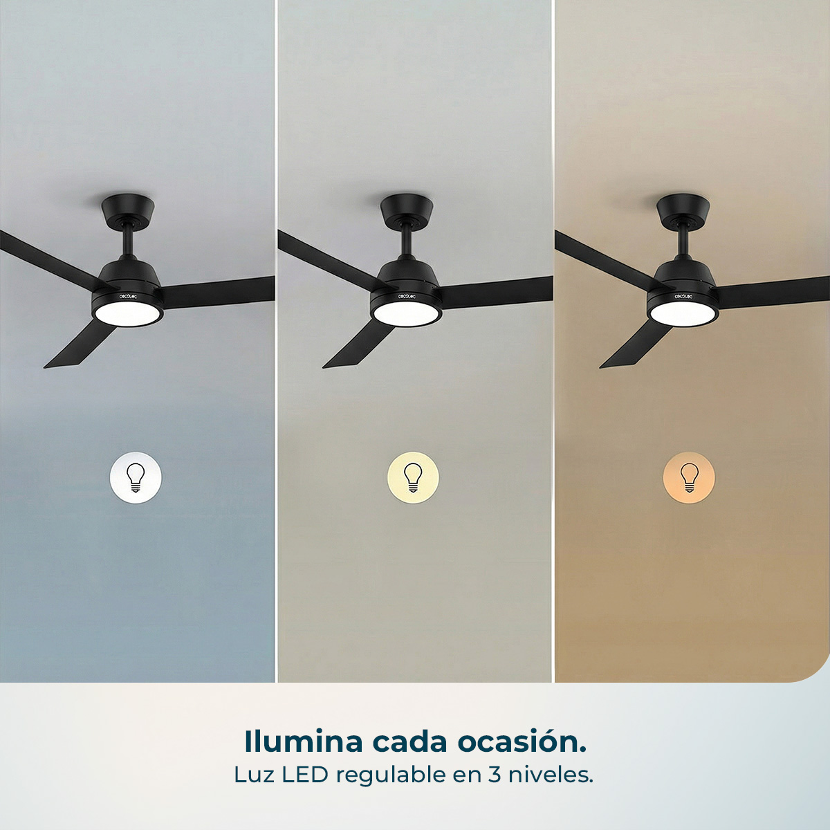Ventilador de techo negro de 3 aspas con luz LED integrada, ajustable en tres temperaturas de color.