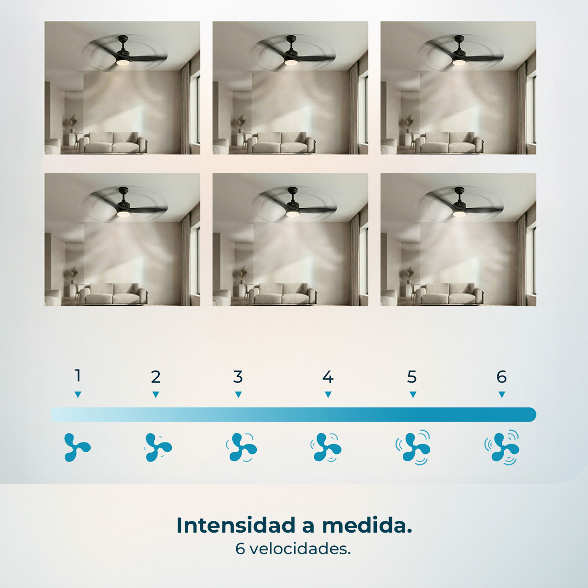 Seis ventiladores de techo en una sala de estar, con indicadores de velocidad.