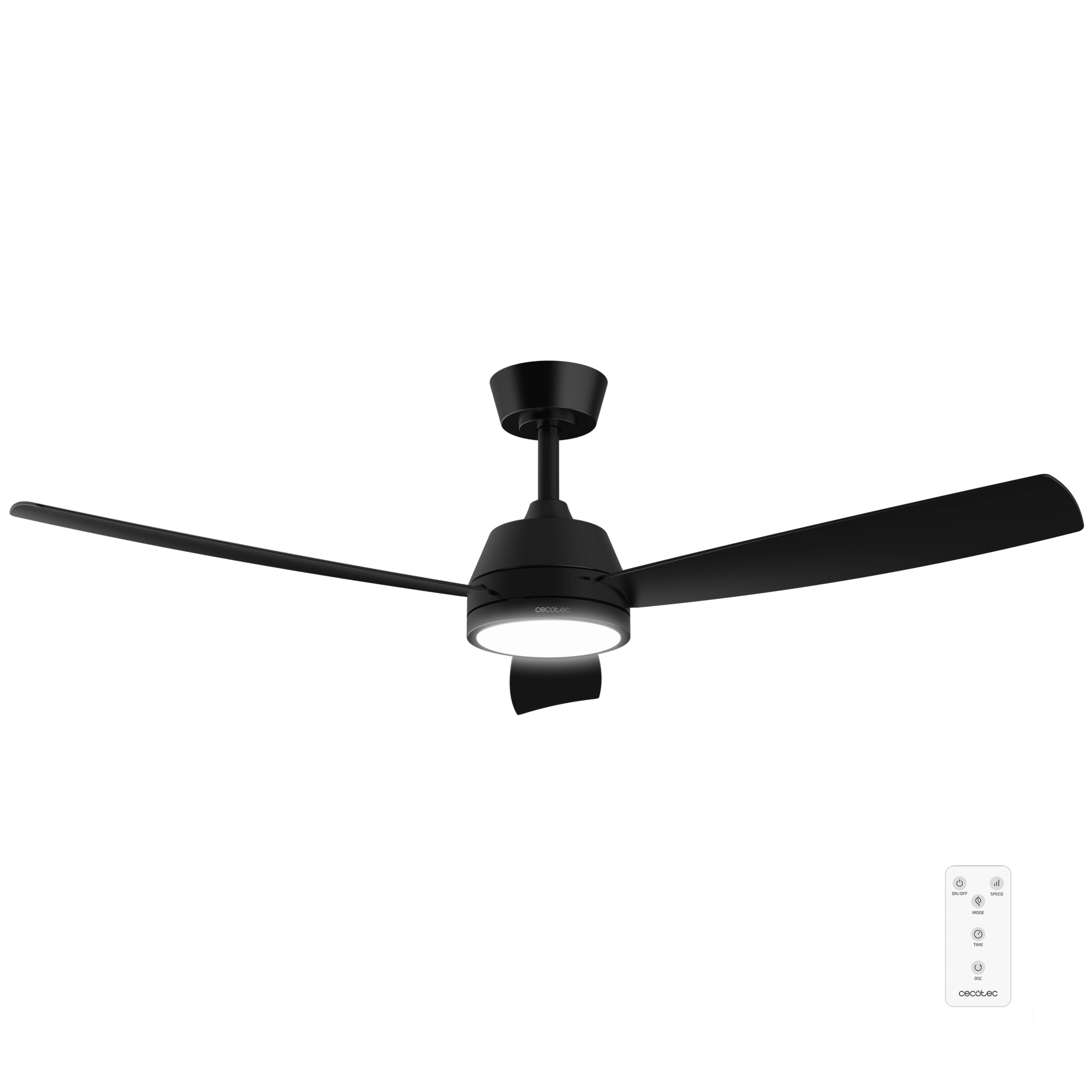 Ventilador de techo negro de tres aspas con luz integrada. Mando a distancia visible.